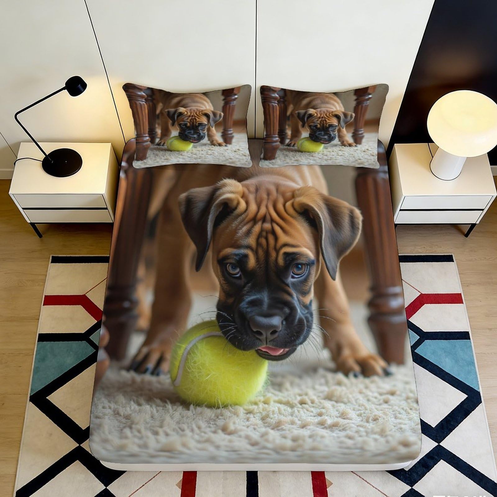 3D Printed Puppy with Tennis Ball Fitted Sheet Microfiber Non-Slip Bed Cover for Bedroom Dorm Mattress Protection Decor 90x200x25cm