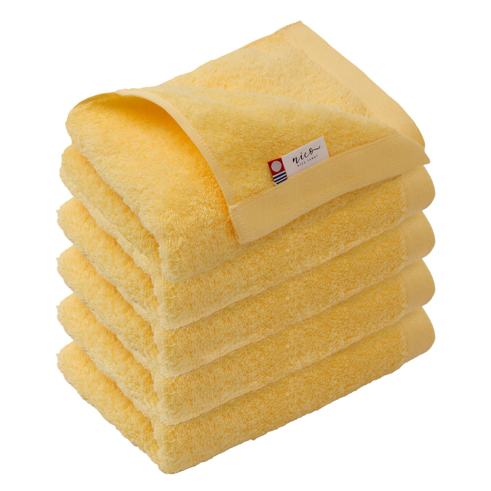 Imabari Towels, Nico Face Towels, Set of 5, Resort Hotel Towels, 13.4 x 33.5 inches (34 x 85 cm), Soft to the Touch, Luxury Hotel Specifications, Fluffy, 100% Cotton, Solid Color, Made in Japan (Lemon