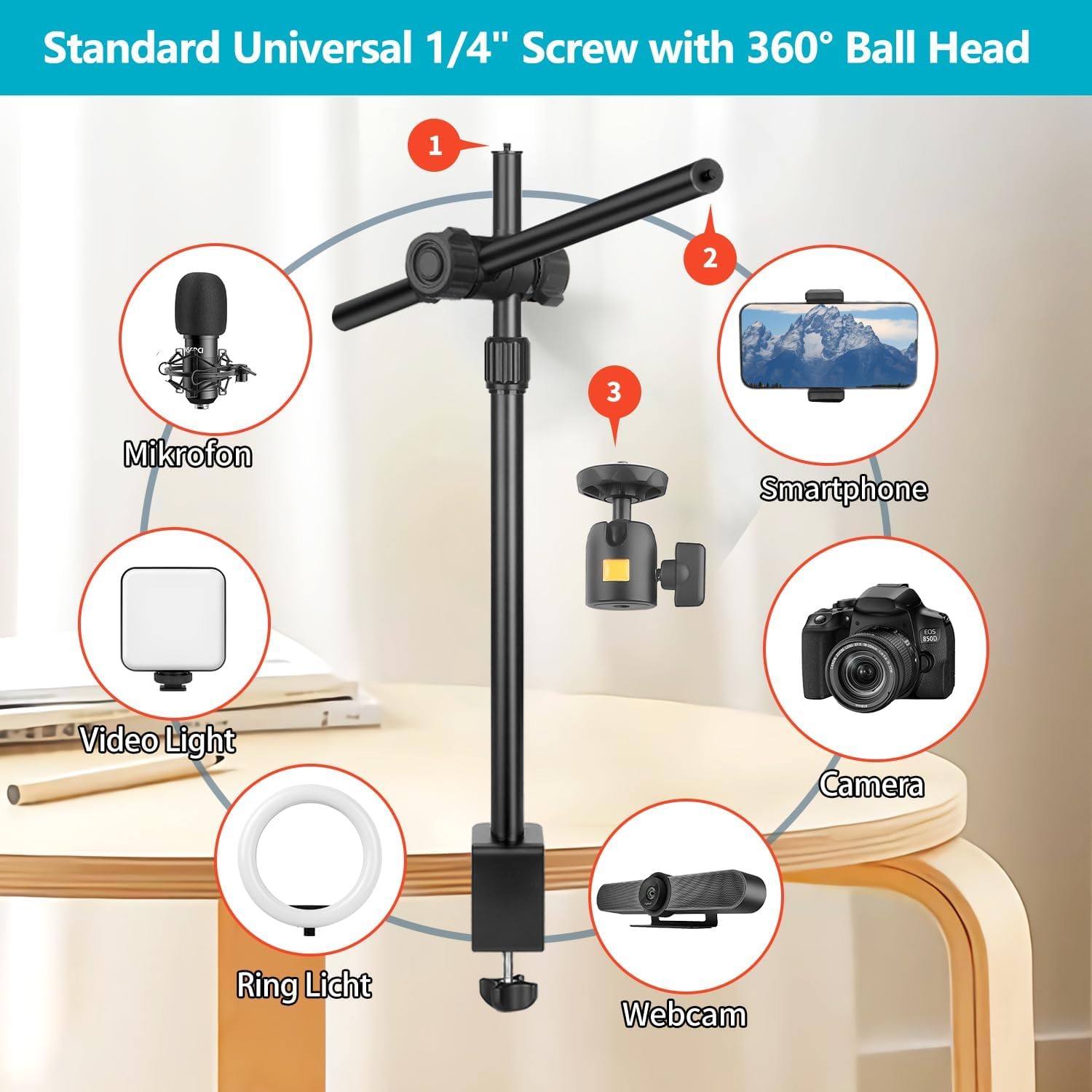 OS02 Supporto da tavolo per Fotocamera, 31 – 97 cm, Regolabile, per DSLR, Treppiedi con Braccio Flessibile e Testa a Sfera da 1/4" per Fotocamera, Luce ad Anello Live Streaming