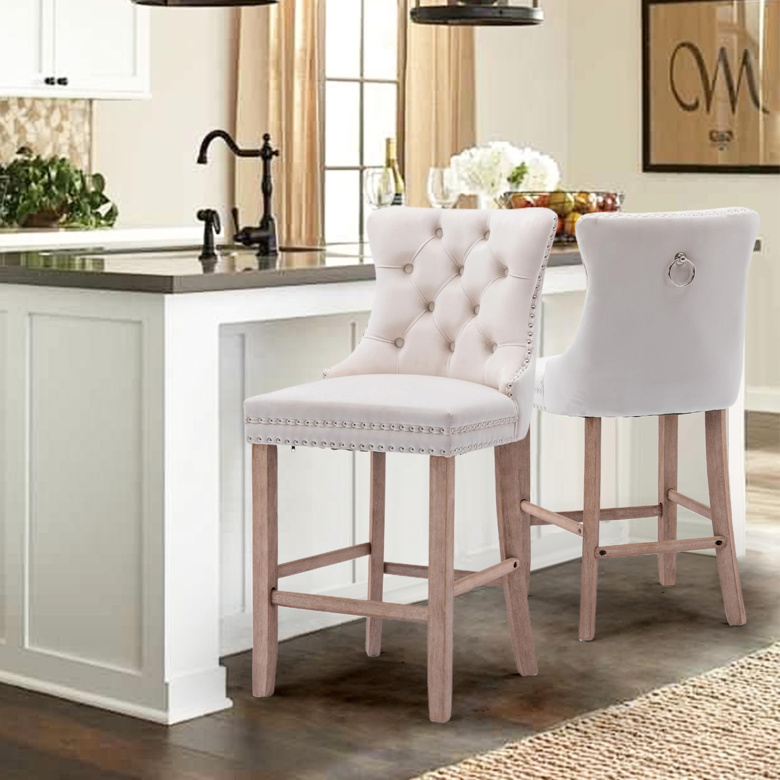 SoarTalent Velvet Upholstered Bar Stools Set of 2 with Back and Wood Legs, Metal Pulling Ring, Armless Counter Height Barstools for Kitchen Island,