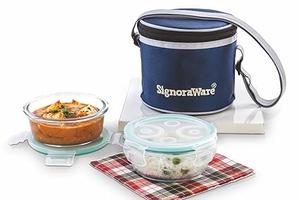 SignoraWare Executive High Microwave Safe Office Lunch Box Set with Bag | Borosilicate Glass | Safety Lock Airtight Tiffin Containers (Set of 2 400ml+400ml | Transparent)