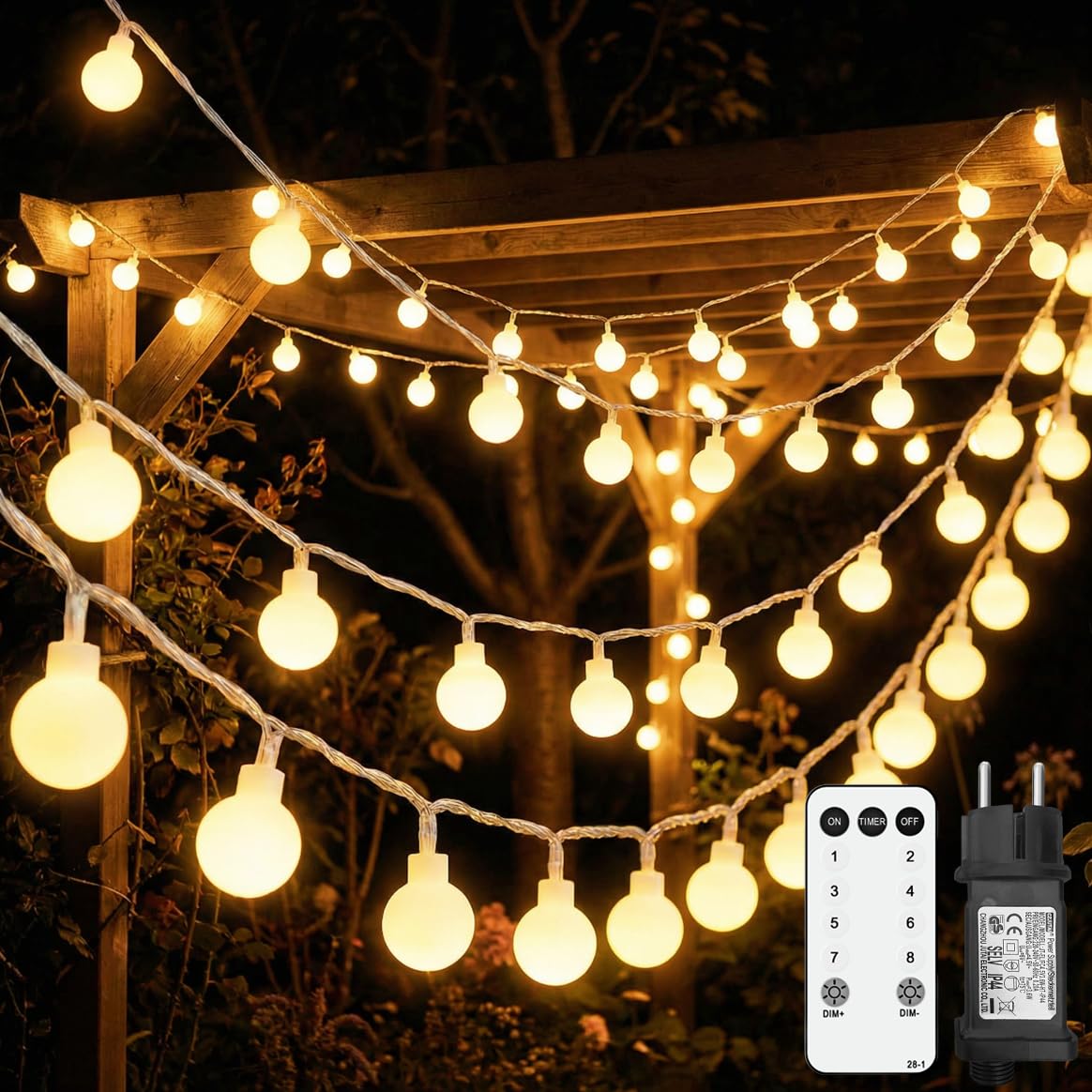 Kimuwote Lichterkette Außen Innen, 35M 300LED Kugel Lichterkette, Outdoor Strom Lichterketten mit 8 Modi IP44 Wasserdicht, ideal für Weihnachten, Hochzeit,Party,Garten,Terassen,Balkon Deko,Warmweiß