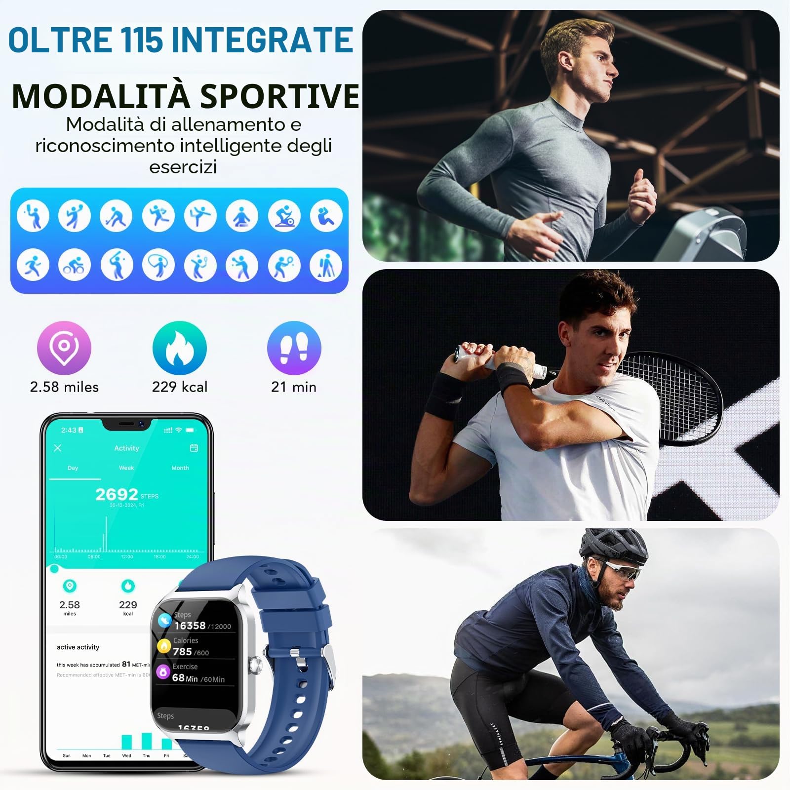 Smartwatch Uomo, 1.85'' Orologio Smartwatchcon Chiamate Bluetooth/ Assistente vocale AI, 115+ Sportive Smart Watch con Contapassi/Sonno/Cardiofrequenzimetro,IP68 Fitness Tracker per iOS Android Blu