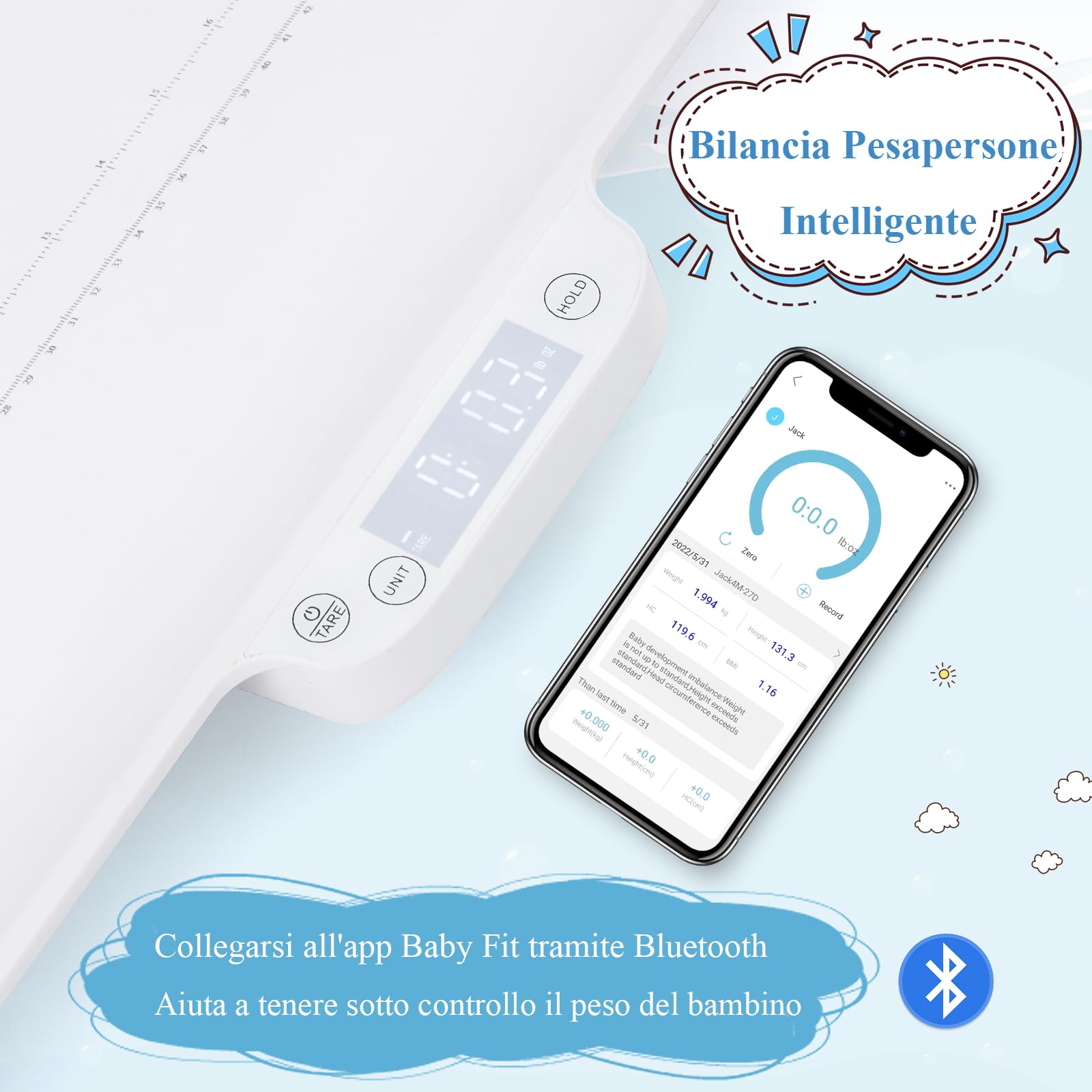 GYMAX Bilancia Digitale per Neonati, Bilancia Intelligente con Funzioni Hold & Tare, Display a LED, Bilancia Multifunzione per Animali Domestici, Peso Massimo 30 kg (con Bluetooth)