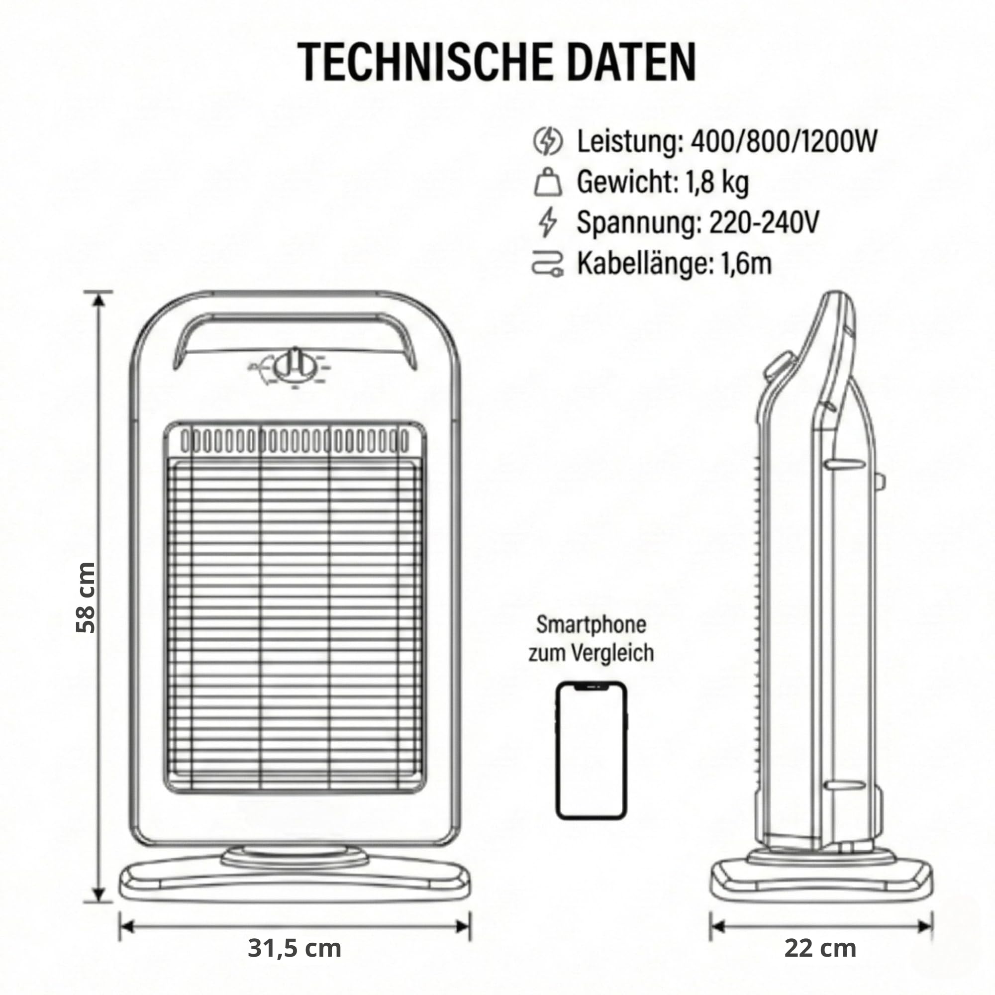 NEO TOOLS Halogen Infrarot Heizstrahler 400/800/1200W, Sofortwärme