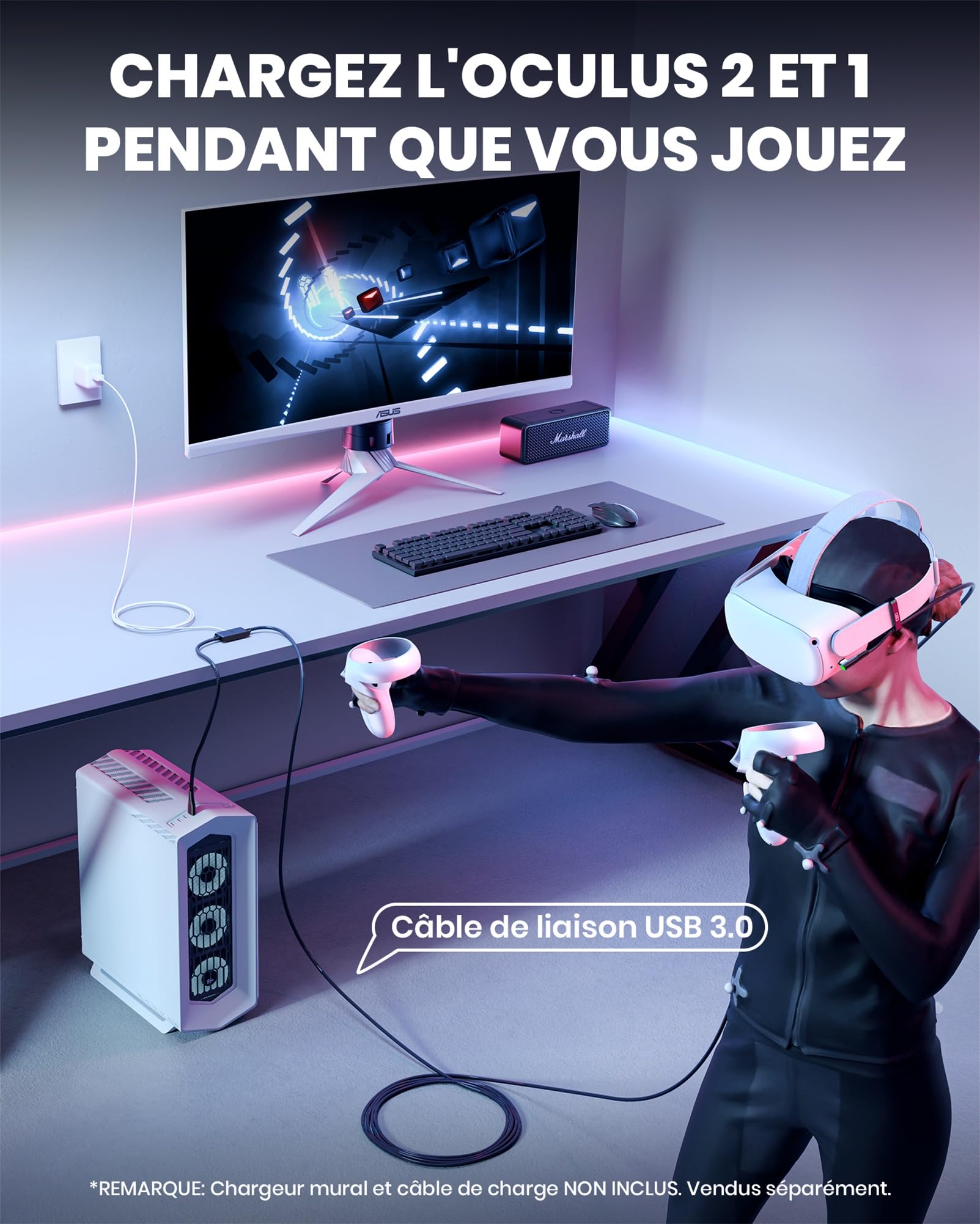 INIU Câble Link 5 mètres, Compatible avec Meta/Oculus Quest 3/2/Pro et Pico 4 Accessoire et PC/Steam VR, Câble de liaison USB 3.0 haute vitesse de transfert de données USB C avec port de charge séparé