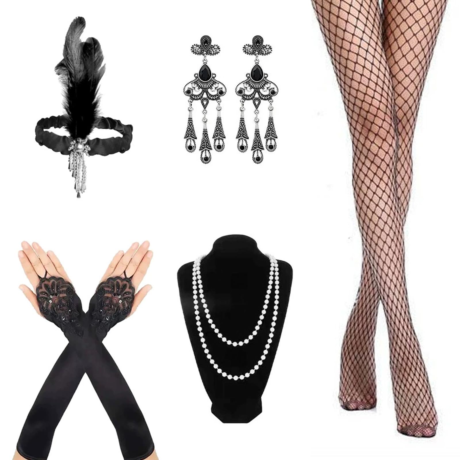 1920s Accessories for Women - 7-Piece Flapper Accessories Set, Great Gatsby Style Pearl Necklace, Fishnet Stockings & Feather Headband,Roaring 20s Costume Party Essentials
