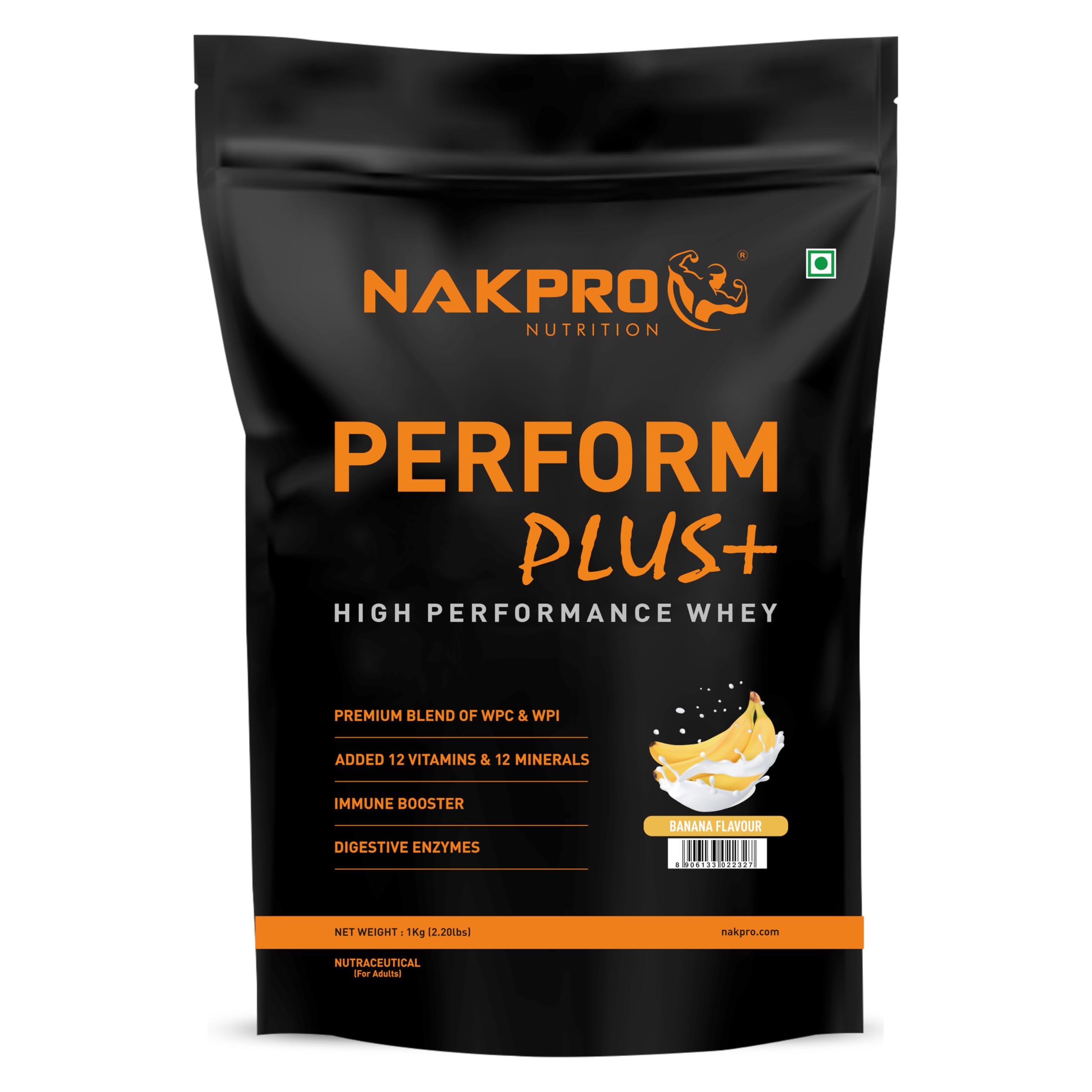 NAKPRO Perform Plus+ Whey Protein Concentrate with Digestive Enzymes | 24g Protein, 5.7g BCAA | Easy Mixing, Easy Digesting (1 Kg, Banana)