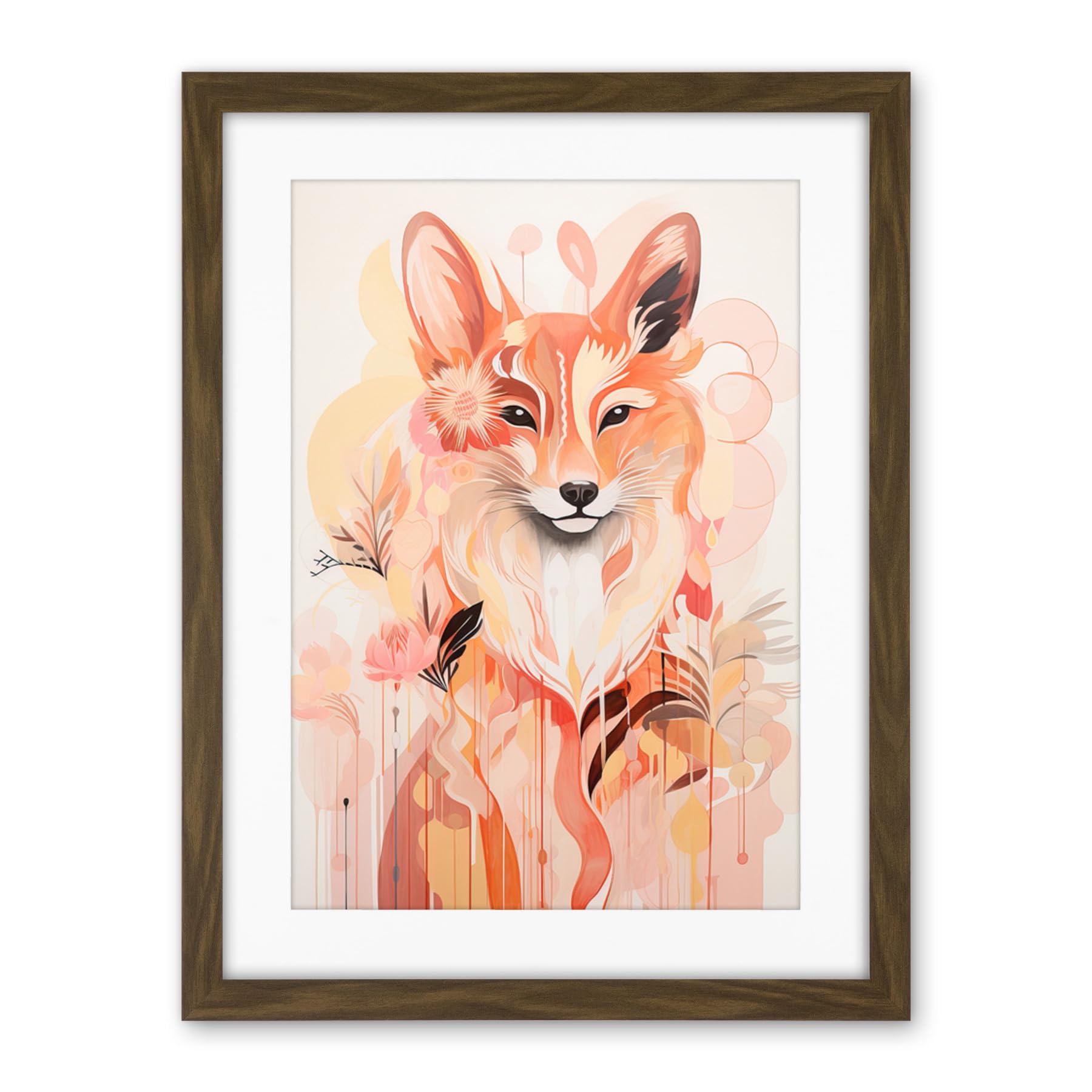 Artery8 Floral Fox Spirit Animal Boho Calm Pastel Colour Artwork Orange Pink Abstract Woodland Creature Flowers Artwork Framed Wall Art Print 18X24 Inch