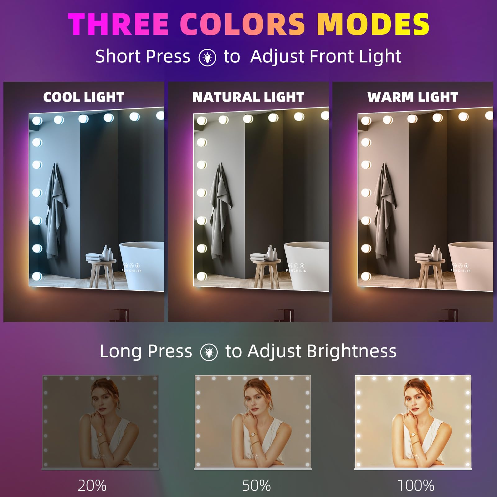 FENCHILIN Hollywood Espejo con iluminación y retroiluminación RGB, espejo de maquillaje con iluminación, 20 bombillas LED regulables, espejo grande con luz de cristal templado blanco, 100 x 80 cm