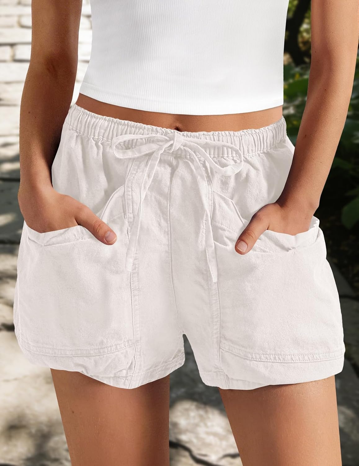 Panadila Womens High Waisted Linen Shorts Drawstring Cargo Shorts Casual Summer Beach Vacation Clothes with Pockets