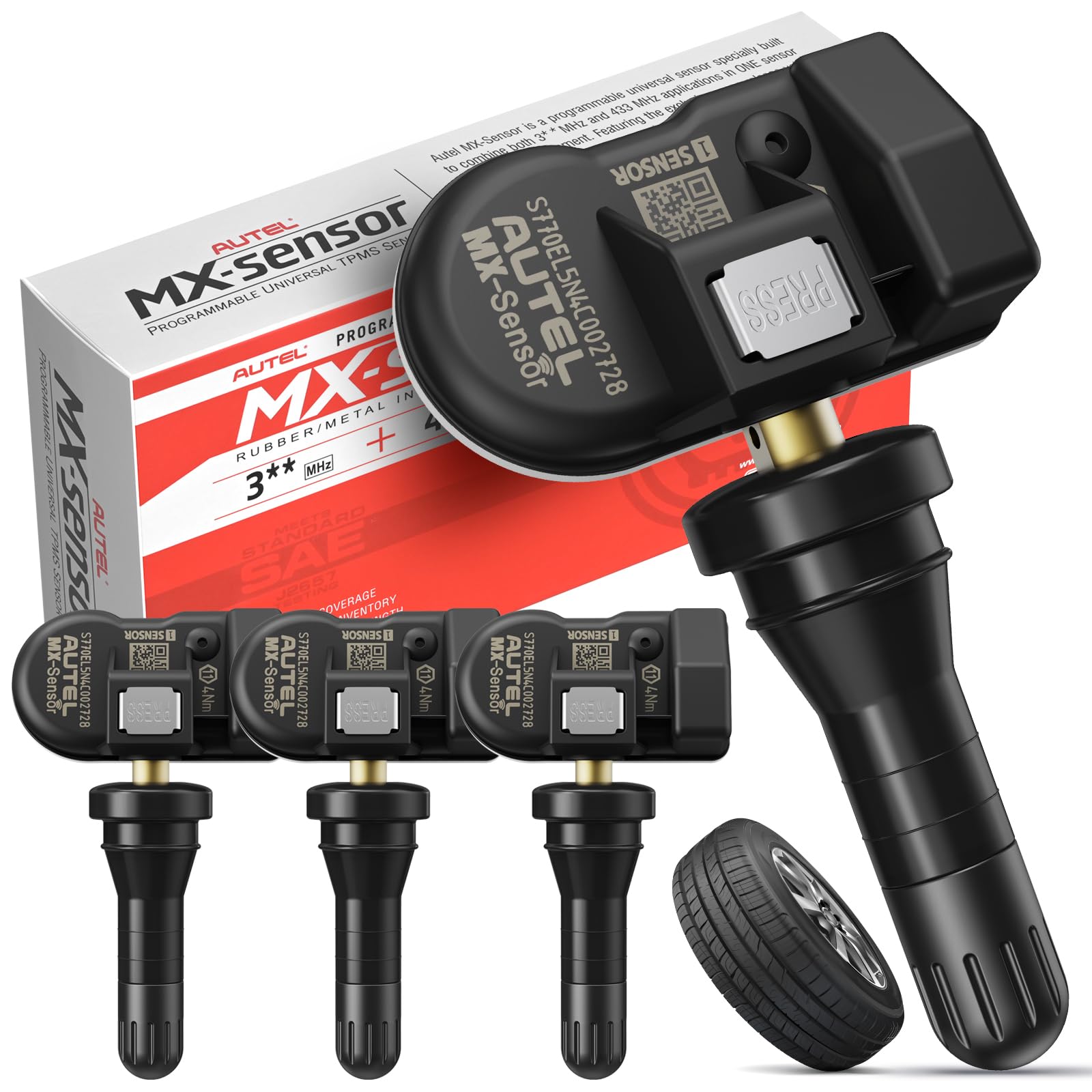 Autel TPMS MX-Sensor Doble Frecuencia, Sensores TPMS de Nivel OE para 99% Autos, Sensor Neumáticos 100% Programable, Funciona con TS408S TS501Pro TS508WF TS601 TPMS Herramienta (Válvula de Goma, 4PCS)