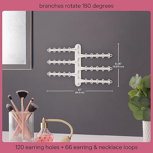 Miniatura 5 de Organizador de joyas de pared de 6 niveles y 6 pulgadas, tiras de comando incluidas para colgar fácilmente, organizador de aretes de 120 agujeros,