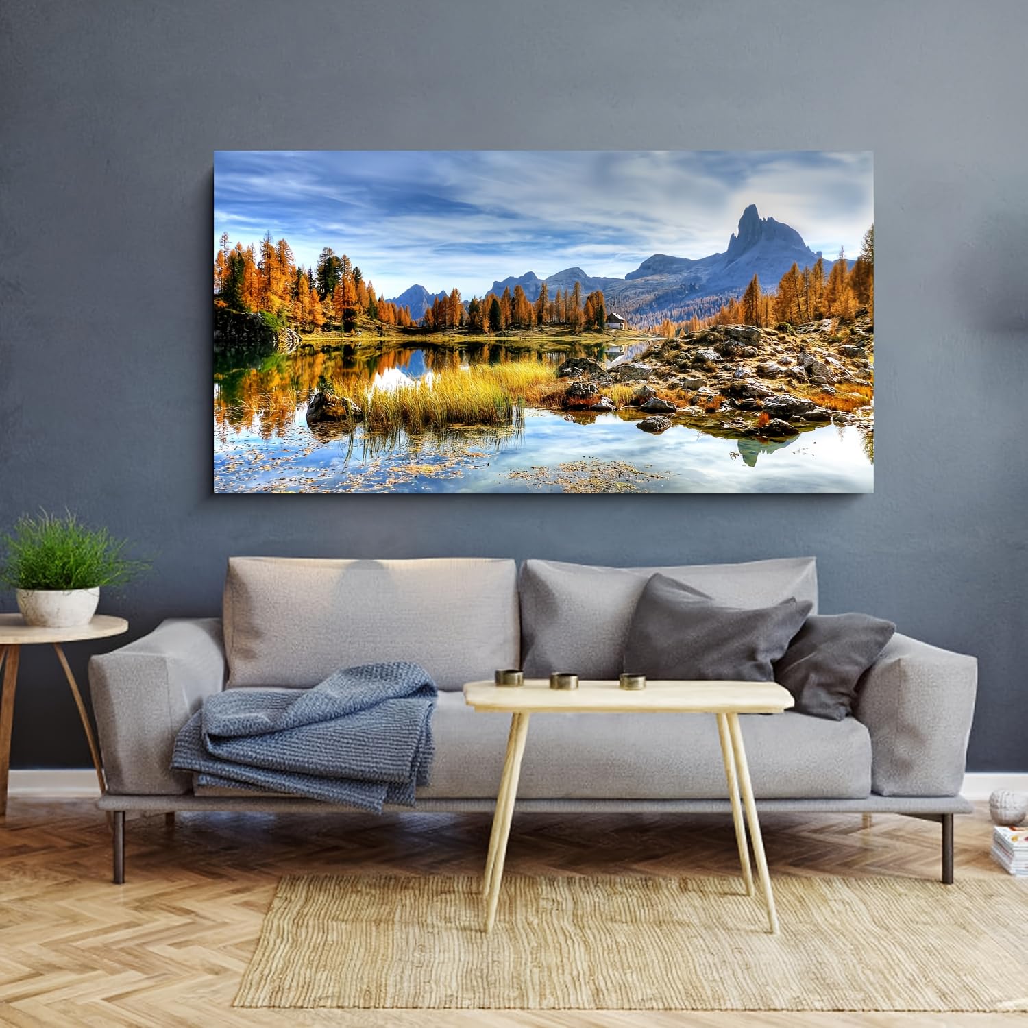 EGJEPWFH Canvas Print Featuring a Large Mountain And Lake with Golden Trees - a Modern Autumn Landscape Artwork(70x140cm/No frame)