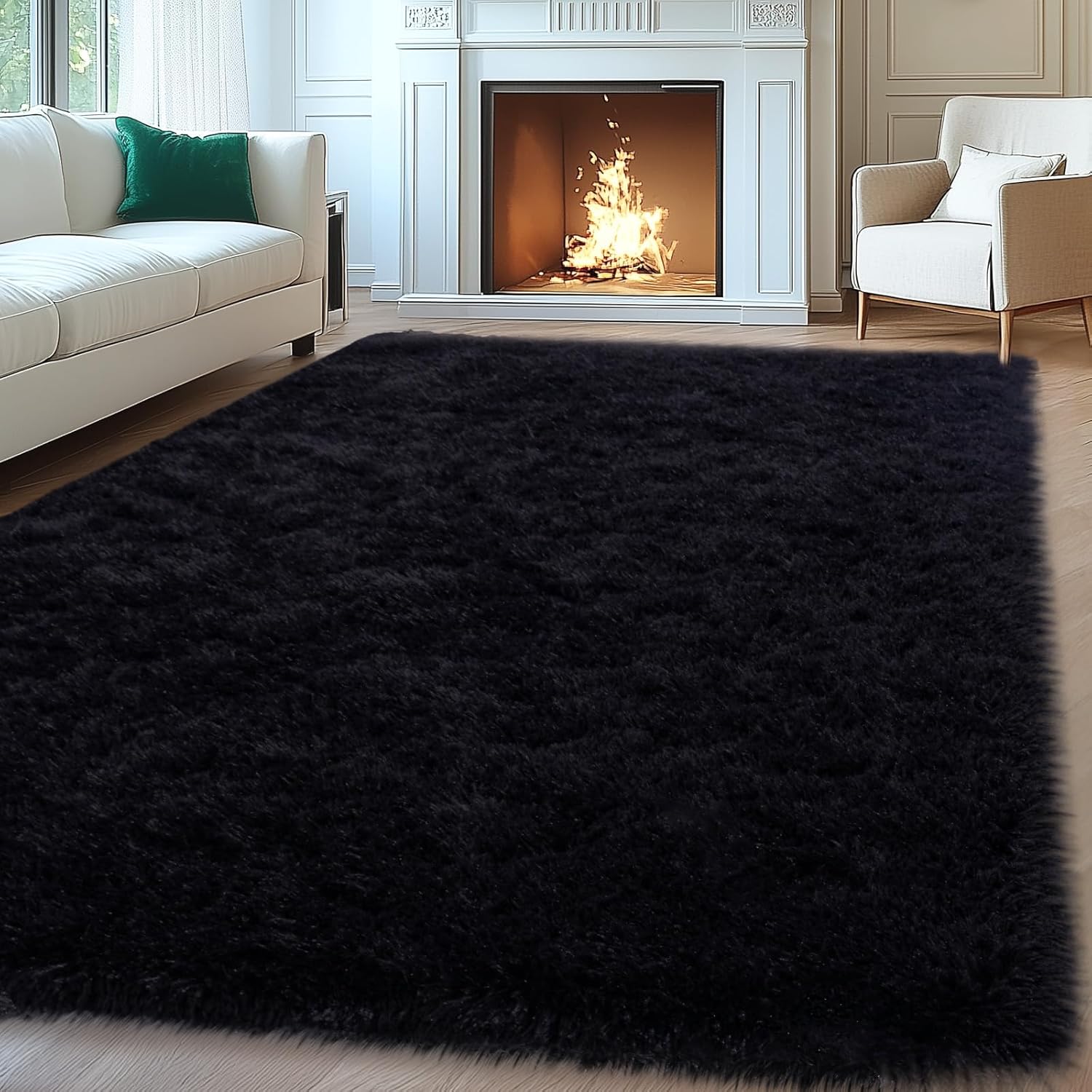 8x10 Area Rugs for Living Room, Large Fluffy Black Rugs for Bedroom, Soft Carpet Shag Kids Room Rug, Non-Slip Fuzzy Rugs Indoor (8ft x 10ft, Black) Black 8' x 10' (Rectangular)