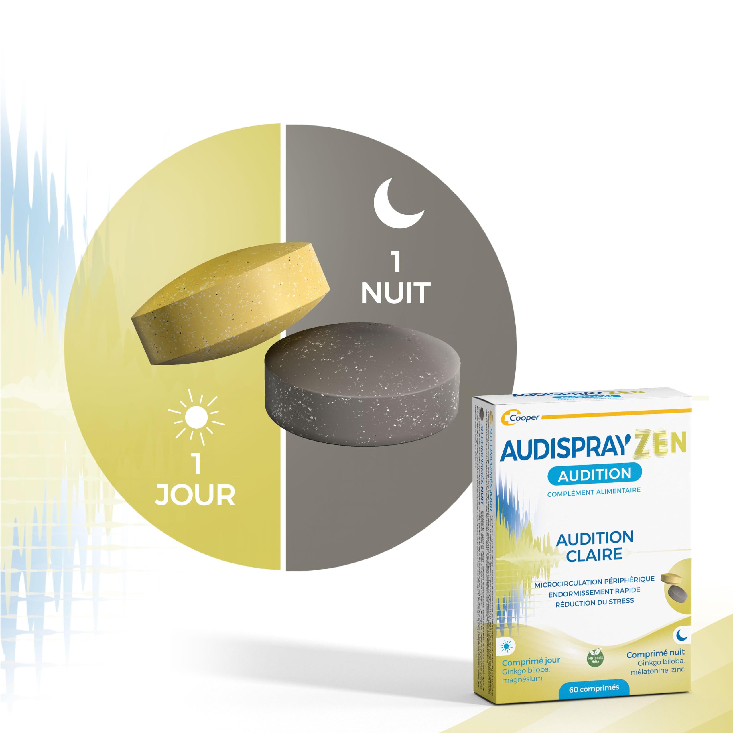 AUDISPRAY ZEN – Audition clair - Acouphènes - Bourdonnements et de sifflements d'oreille - Endormissement rapide, réduction du stress - Complément alimentaire - Ginkgo biloba - 60 comprimés