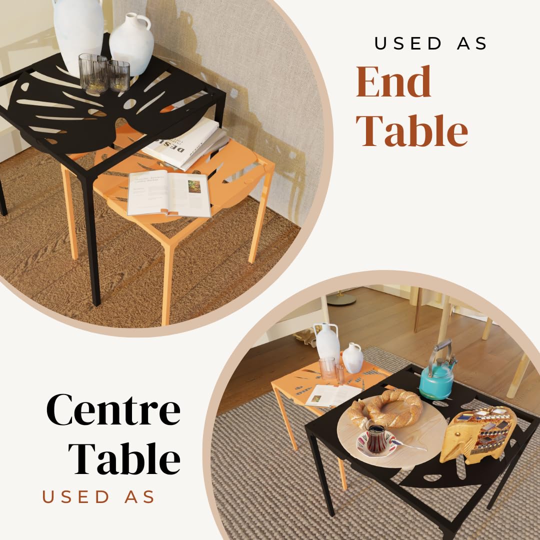COGO Leaf Metal Coffee Tables (Set of 2) | Black & Orange | Matte Finish | Stackable Nesting Table | Center Table for Living Room, Balcony, Office, Bedroom | Stackable & Easy to Clean | 18 & 15 inch 3