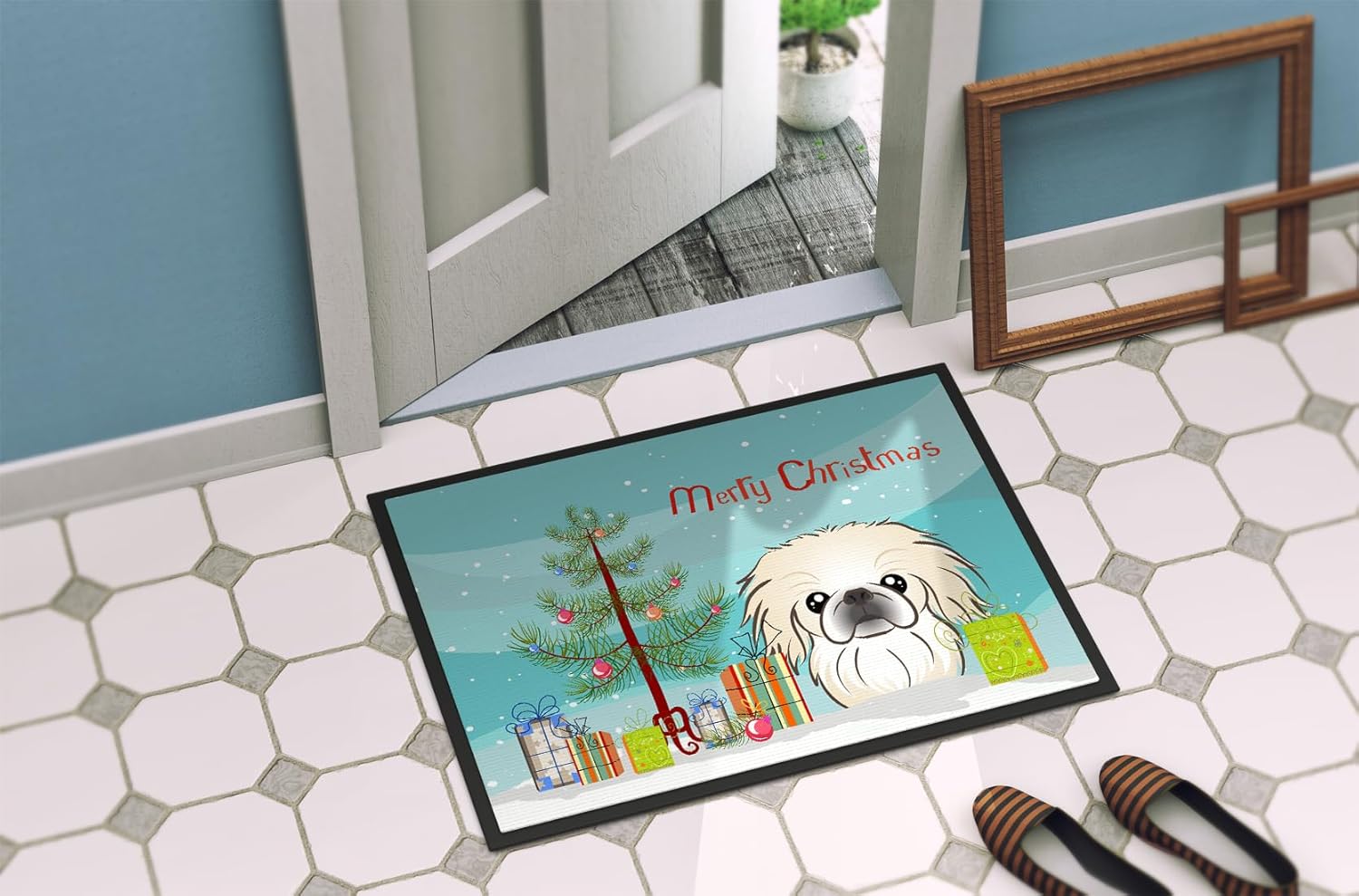 Caroline's Treasures BB1593MAT Christmas Tree and Pekingese Doormat 18x27 Front Door Mat Indoor Outdoor Rugs for Entryway, Non Slip Washable Low Pile, 18H X 27W