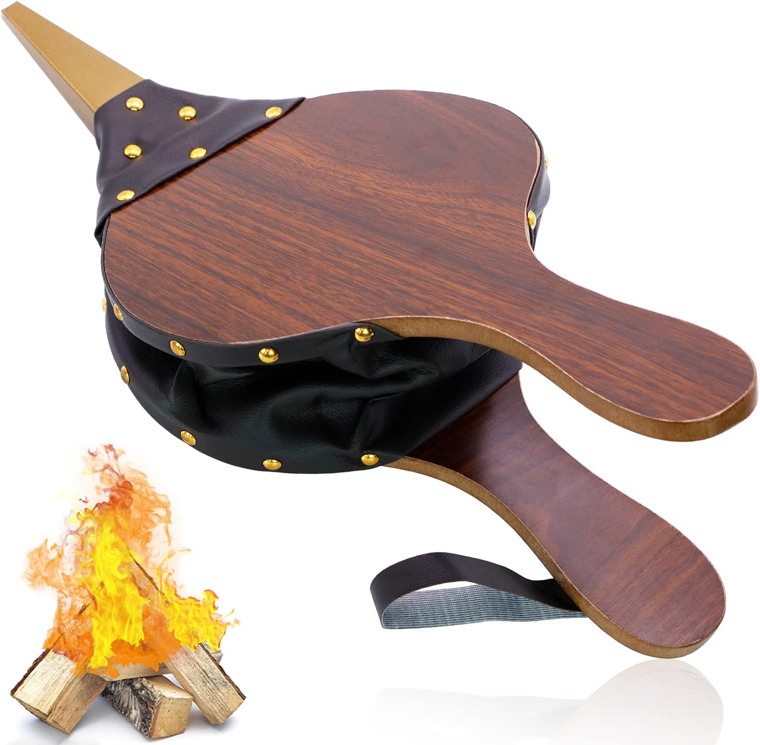 Wood Fireplace Bellows 17''x7.5'' with Hanging Leather Strap, Brown Air Bellower for Outdoor BBQ and Camping