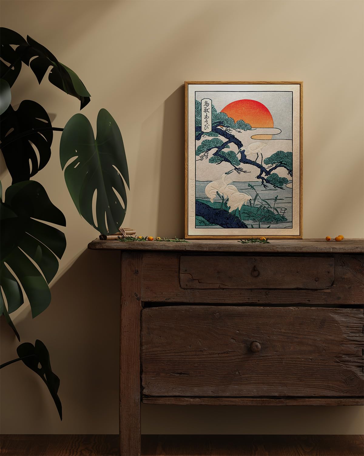 ARPEOTCY Framed Wall Art, Vintage Japanese Crane and Sunset Painting Print, Retro Canvas Wall Art Decor for Living Room, Bedroom, Office, Japanese Traditional Nature Home Decor Aesthetic(30x40 CM) — view 2
