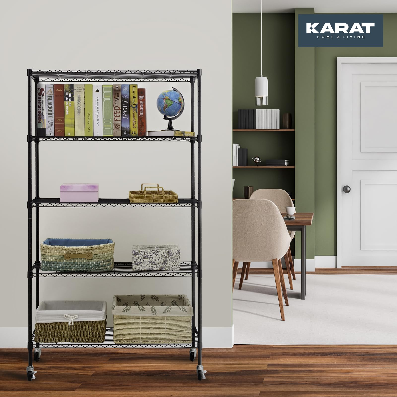 KARAT Rek met wieltjes, rolwagen van metaal met 5 planken, rolrek voor keuken, badkamer, kelder, bergruimte tot 120 kg, rolrek met parkeerrem, zwart, 89 x 34 x 150 cm