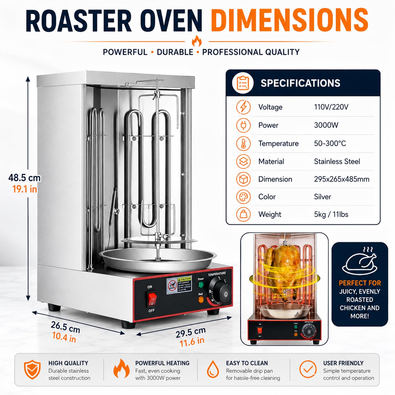 Grill Kebab Döner Elettrico 3000W Forno Verticale 360° 50–300°C Gyros Acciaio Inox Macchina Shawarma 2 Resistenze per Carne Uso Domestico e Professionale