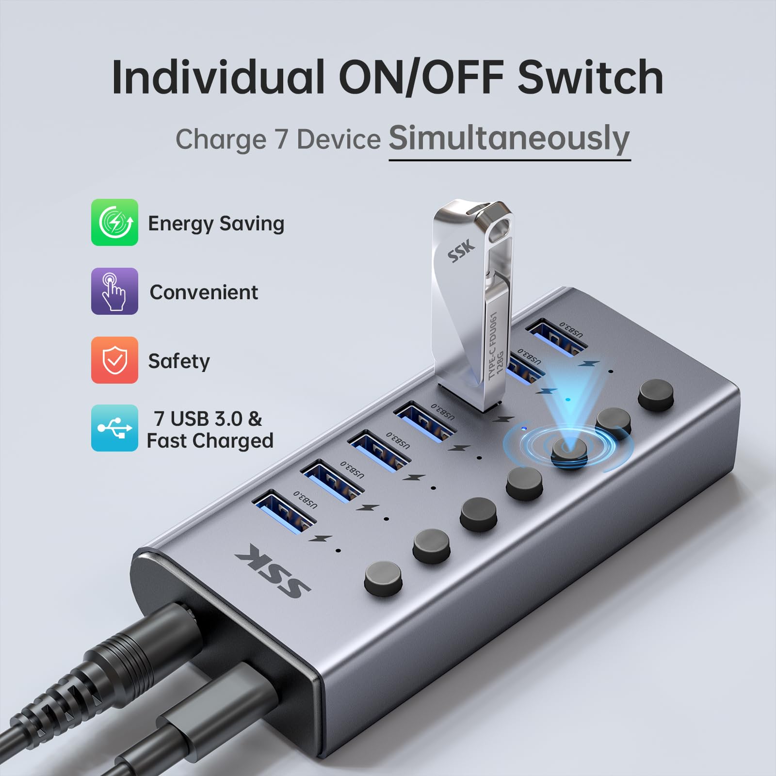 SSK 7-Port Powered USB 3.0 Hub, Aluminio Divisor de Extensión USB con interruptores de alimentación Individuales y Leds, 5Gbps de Datos USB Hub de Carga con DC12V3A Adaptador y 3.93ft Cable Largo