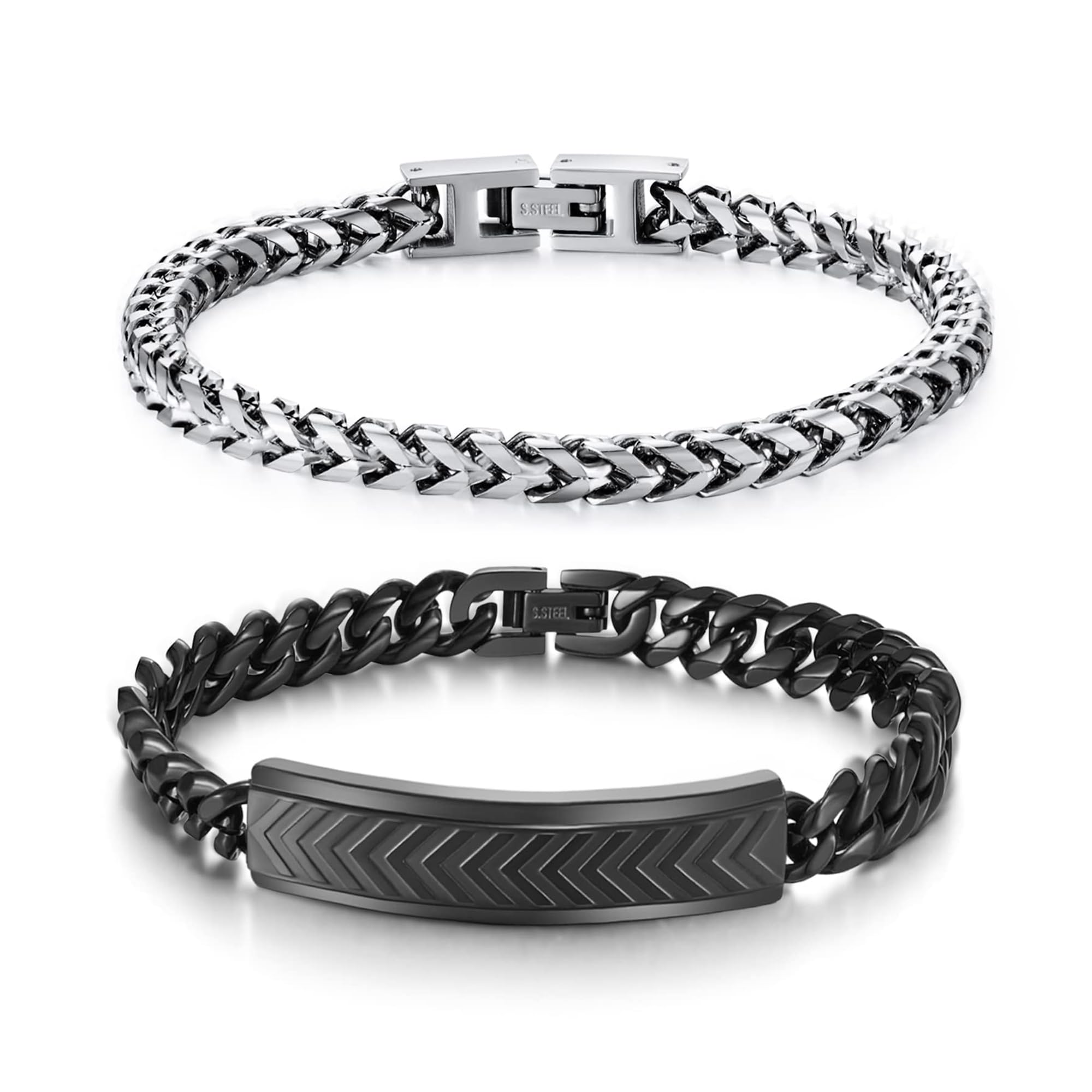2PCS Stainless Steel Bracelets for Men: Featuring Fold Over Clasp Franco Chain & Cuban Chain Mens Bracelet - Perfect Gifts for Dad, Grandpa, Boyfriend, Husband, Son, and Brother