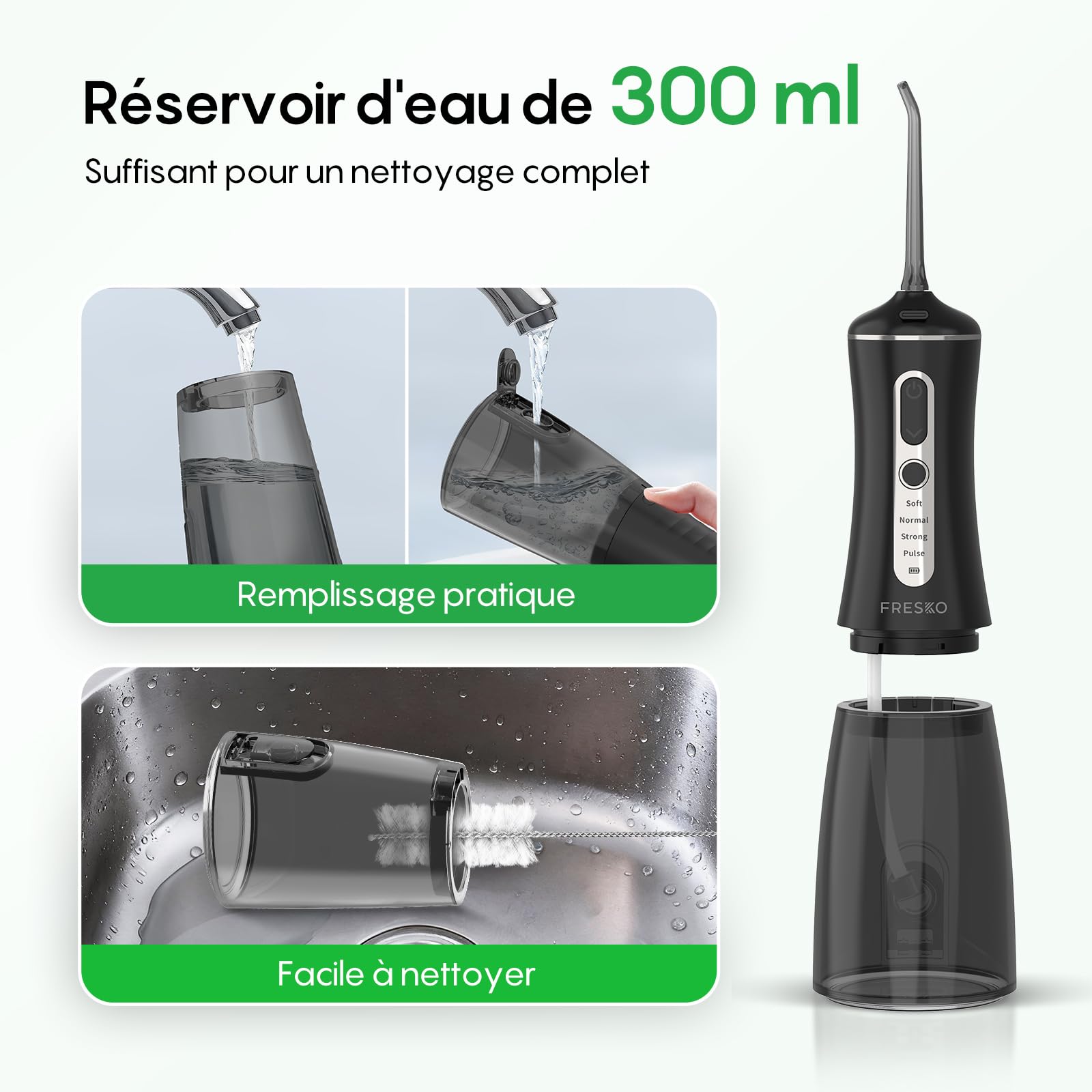 FRESKO Hydropulseur Dentaire, 300ML Irrigateur Buccal avec 4 Modes 45-105PSI, Batterie 2600mAh, Etanche IPX7, 5 Buses pour Appareils Dentaires Et Implants, Nettoyeur Dentaire Portable
