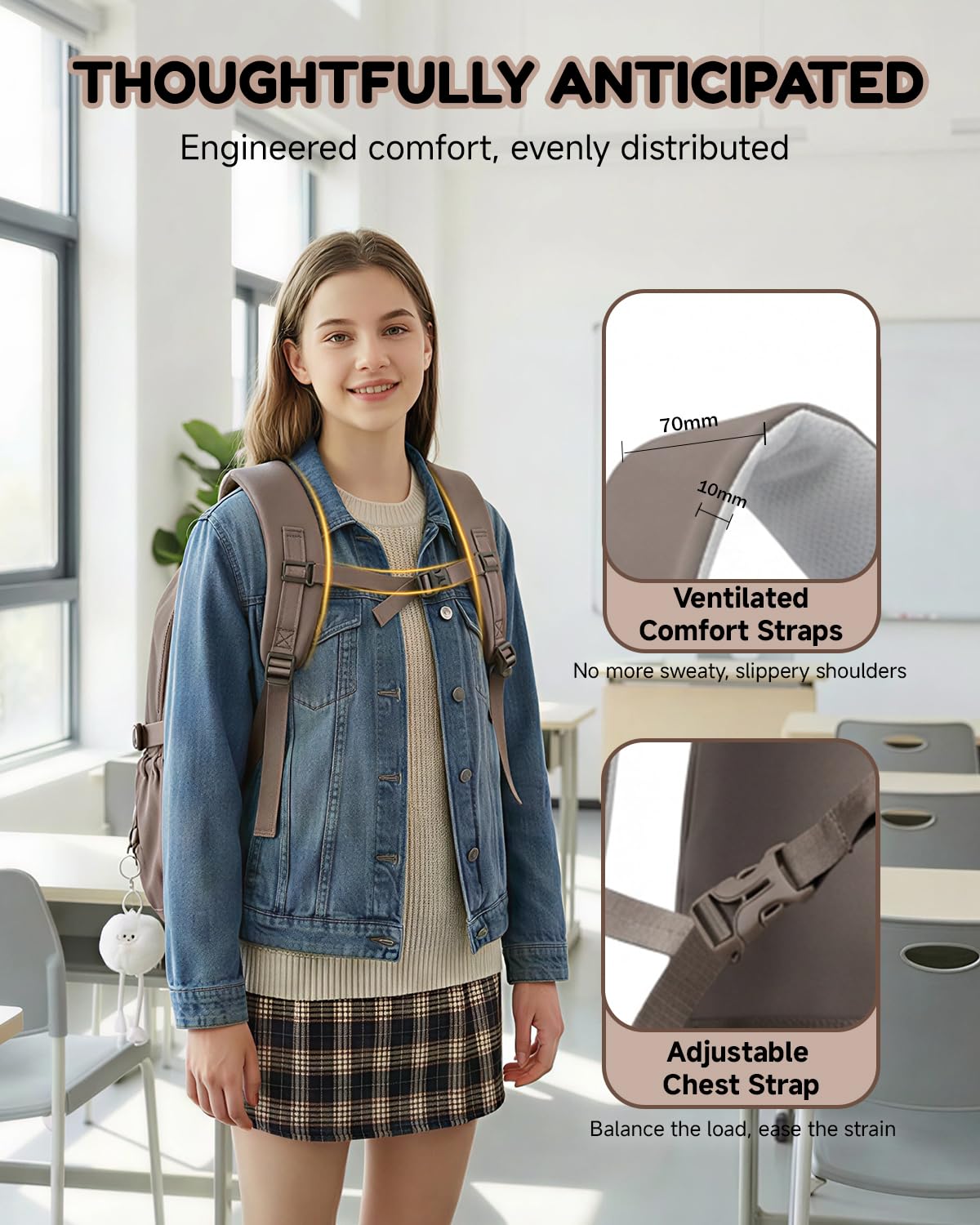 Amythe Mochila Escolar para Niñas Adolescentes, Mochila Colegio Chicas Impermeable Ergónomica, Mochilas Escolares Casual para Portátil 15.6", Apta para Carro, 10-18 Años -Marrón