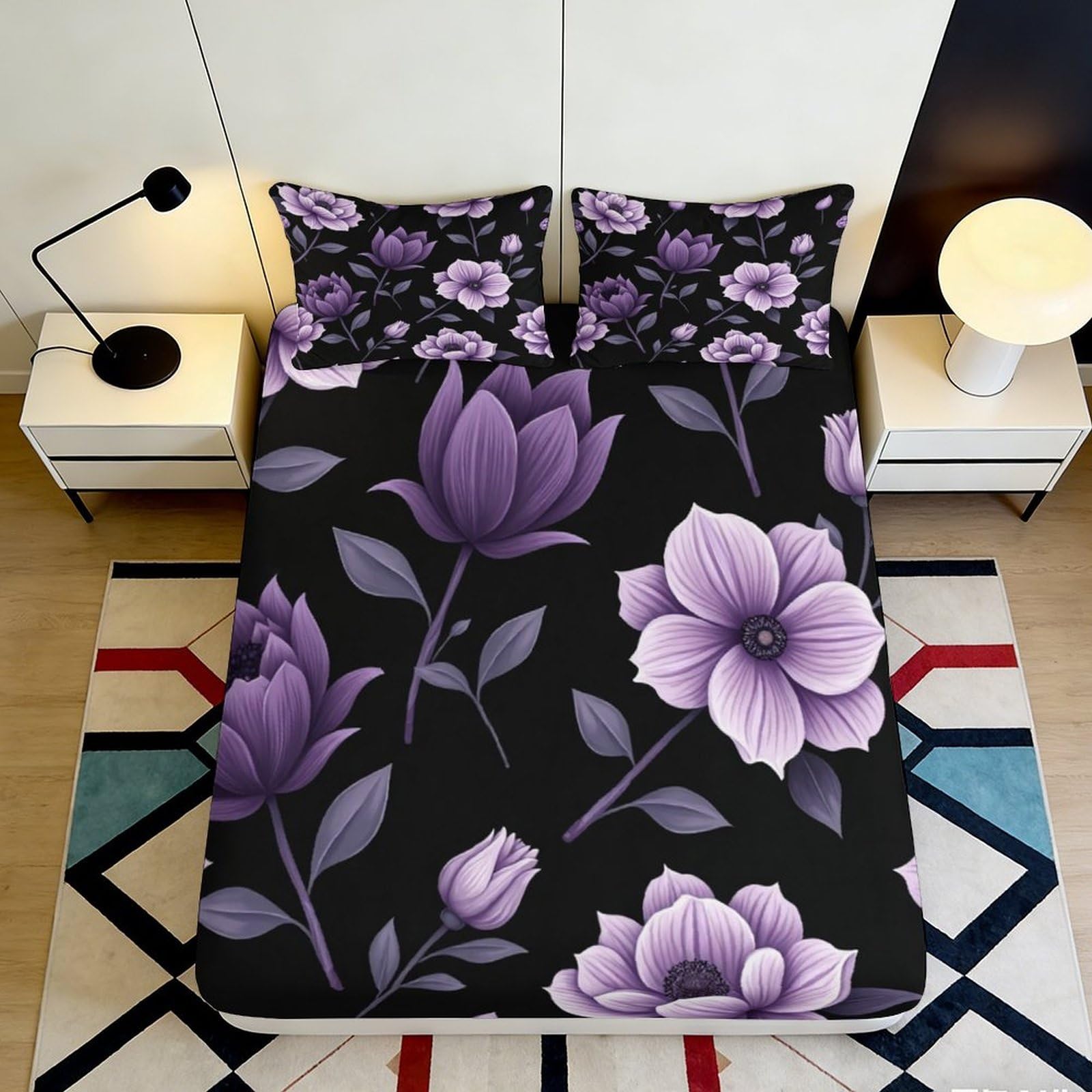 3D Printed Purple Magnolia Fitted Sheet Microfiber Soft Breathable Floral Mattress Cover for Bedroom Dorm Decor 90x200x25cm