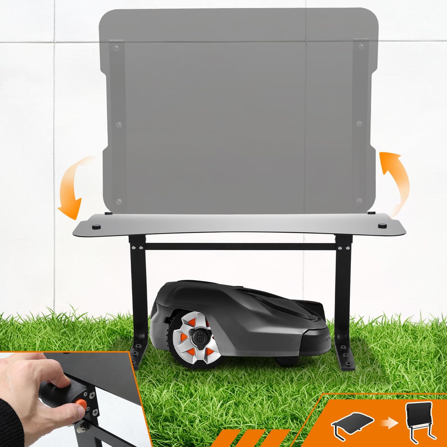 Eulenke Garage voor grasmaaier, 105 x 85 x 45 cm, voor tuin, weerbestendig en uv-bescherming, met metalen poten, transparant