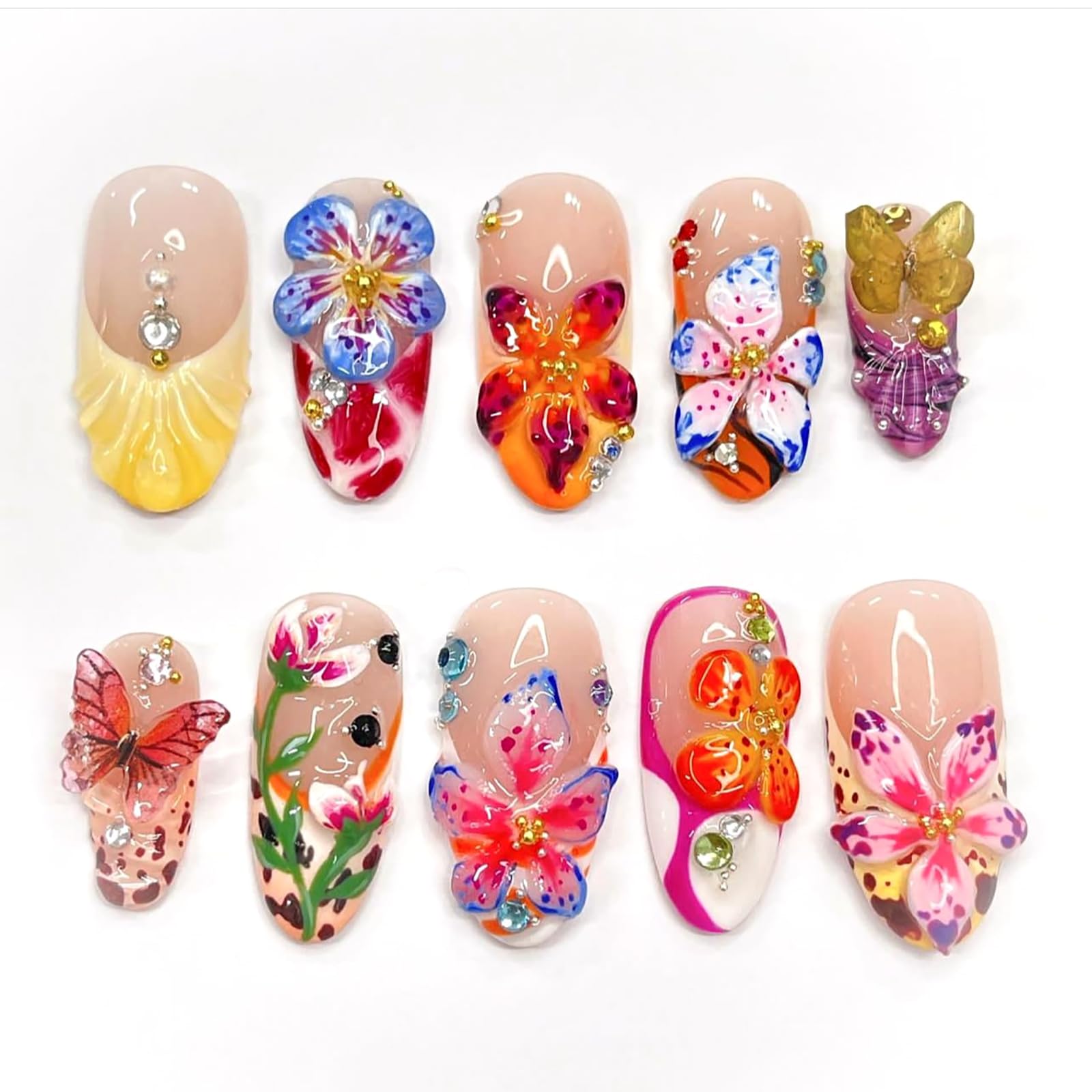 HOSAILY 3D Flower Summer Press on Nails Medium Almond, 24pcs Colorful Butterfly Floral Design Pretty Beach Vacation Nails for Women, Glossy Gold Beads