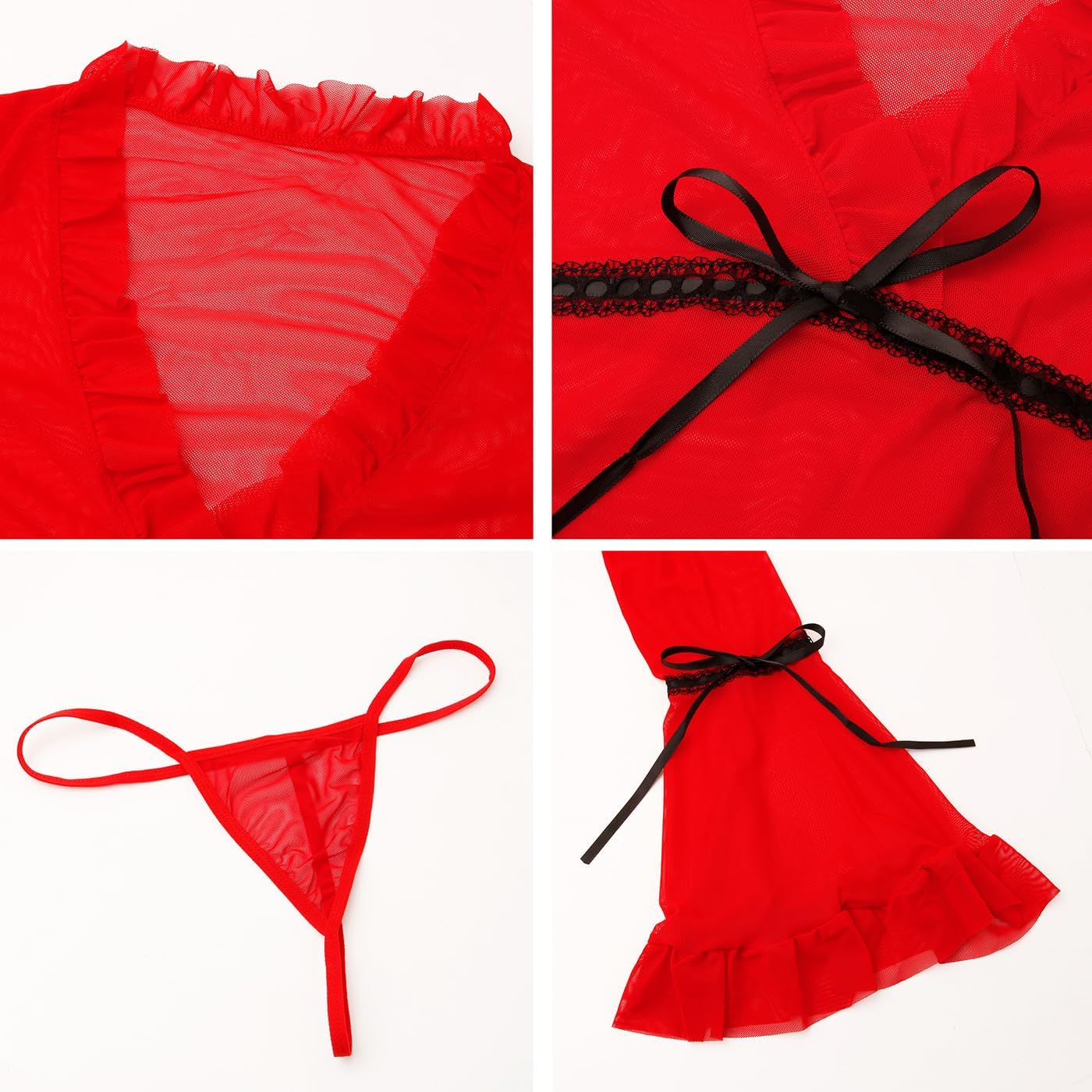 Women Sheer Dress Sexy Bell Sleeve Babydoll Nightdress See Through Lingerie Mesh Chiffon Dress Ruffle Teddy Sleepwear - Image 3