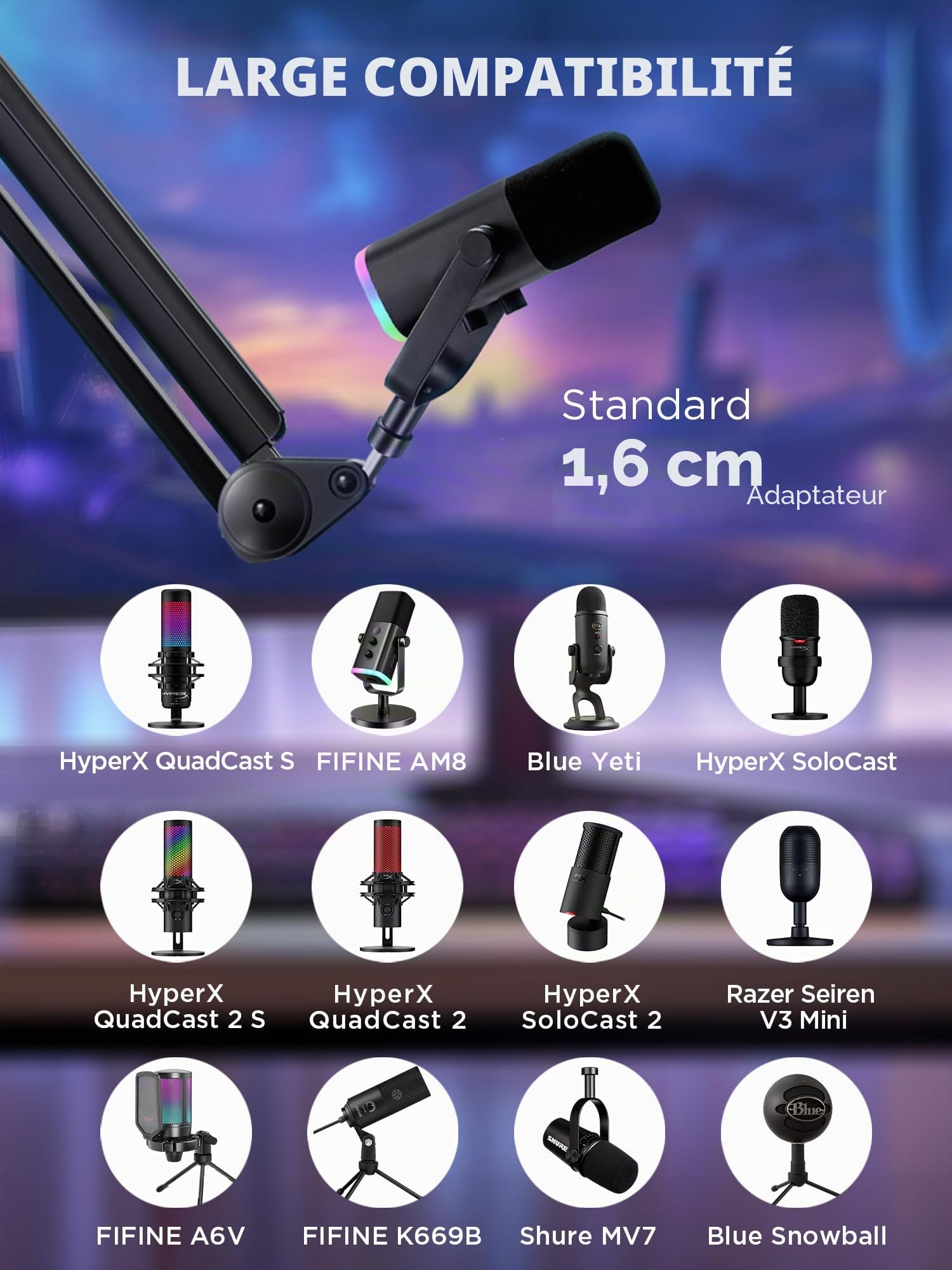 InnoGear Bras de micro avec perche pour gestion des câbles pour Blue Yeti FIFINE AM8 K669B HyperX QuadCast S SoloCast AT2020 Shure SM7B MV7 et autres microphones