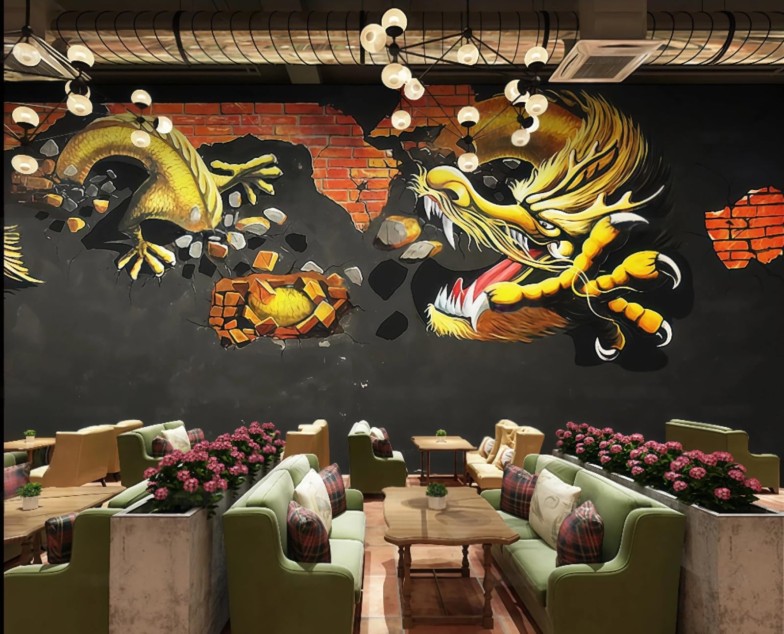 Tapeta nostalgiczna ceglana ściana graffiti złoty smok tematyczny sklep z napojami bar zachodnia restauracja tło fototapeta popołudniowa herbata kawiarnia tapeta 3D, 250 x 175 cm