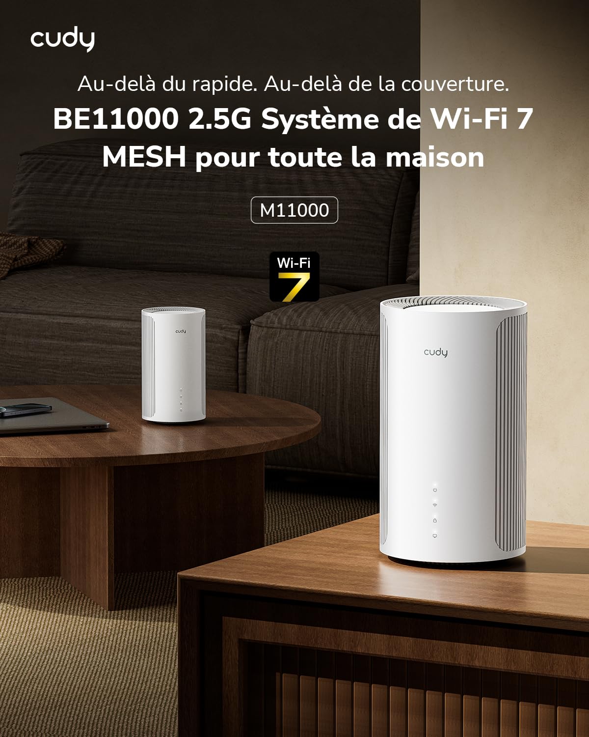 Cudy Système maillé Wi-Fi 7 BE11000 Tri-Band 6 flux 10 Gbit/s 4 ports 2,5 G MU-MIMO Multi-VPN Cudy App antennes int. intelligentes