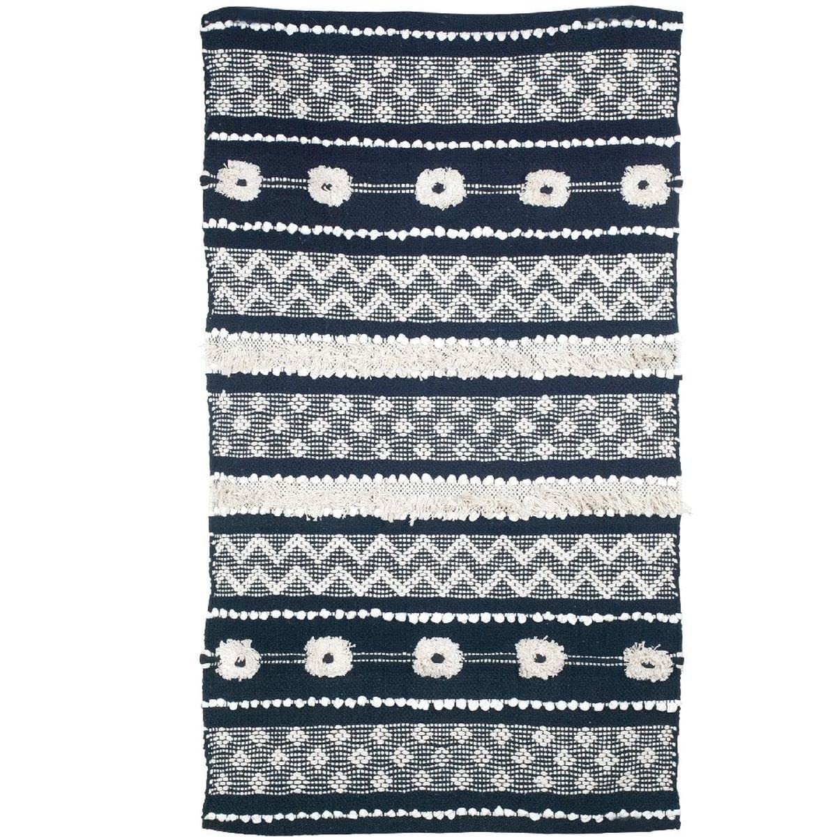 Tapis bohemo ethnique noir en coton tisse pour salon