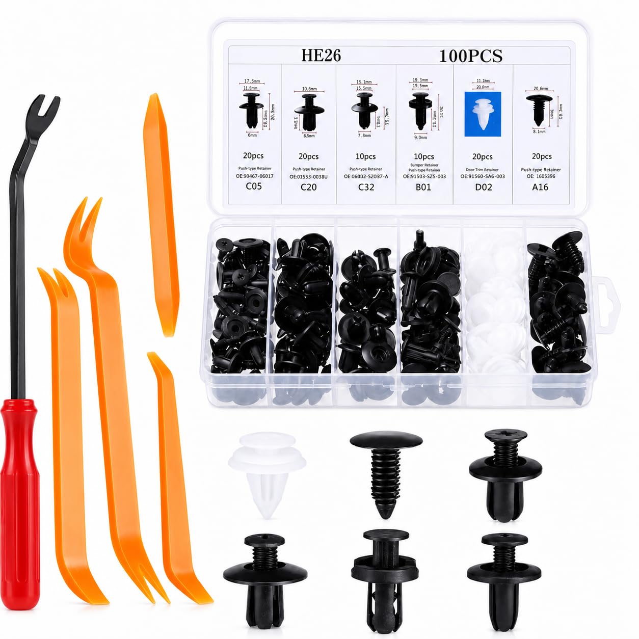 100 Pcs Universal Car Bumper Retainer Clips Kit with 5 Trim Removal Tools, Plastic Push Rivets Fasteners for Door Panel, Fender, Hood, Splash Shield & Interior Trim Repair, Assorted Auto Clip Set-picture-13