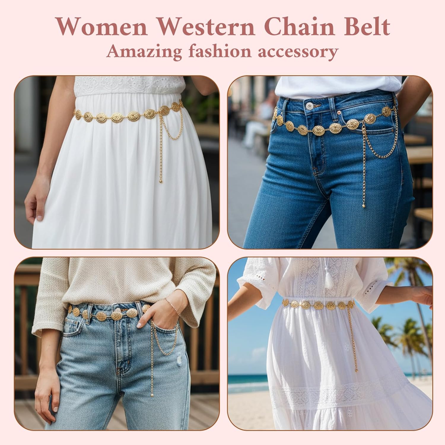 Gold Chain Belt,Western Belts for Woman Country Belt Adjustable Hollow Out Daisy Cowgirl Belts for Western Country Concert Outfit for Dress Jeans Pants - Image 6