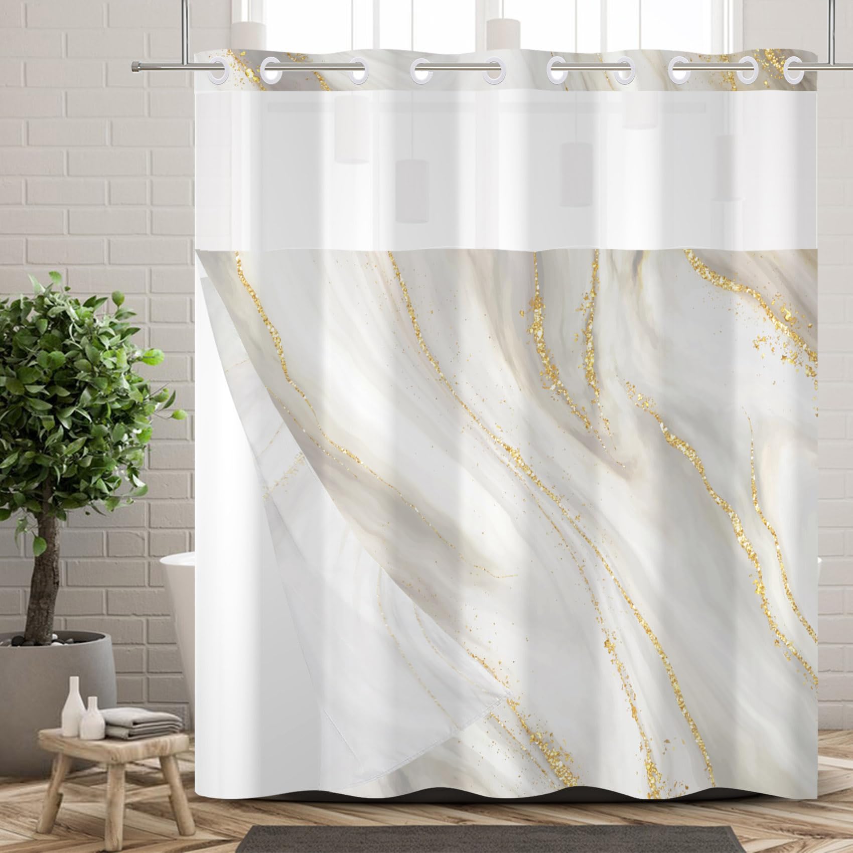Cortina de Ducha Ganchos, con Forro Interior a presión, Doble Capa, Lujosa, Gris Dorado mármol, Decorativa para baño, con Ventana Superior Transparente, 180x210cm