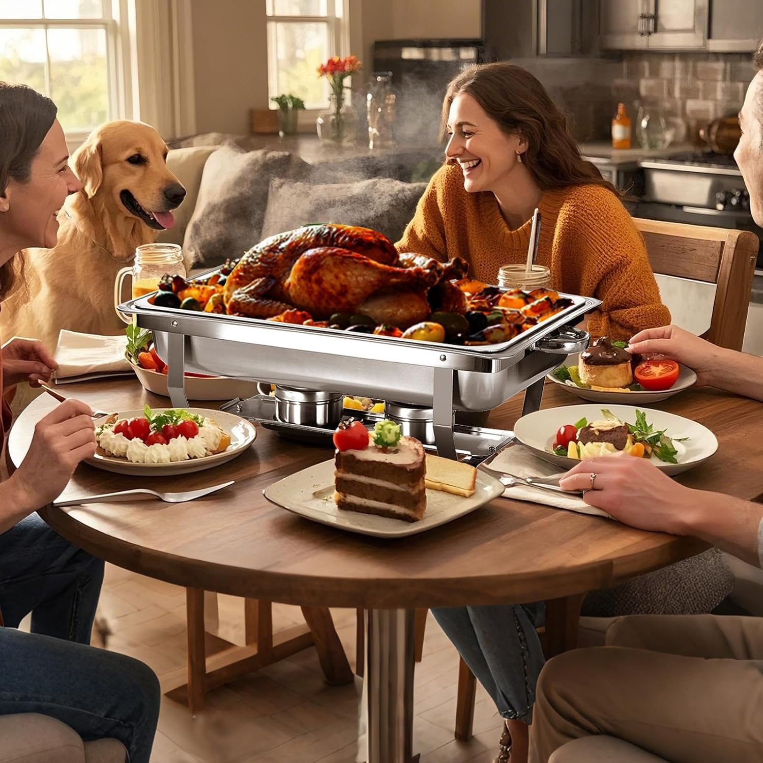 Paquete de 6 platos para bufé de calentadores de alimentos de acero inoxidable de 9 cuartos de galón y calentadores de buffet, juegos de chafers de catering comercial, 12 sartenes (tamaño