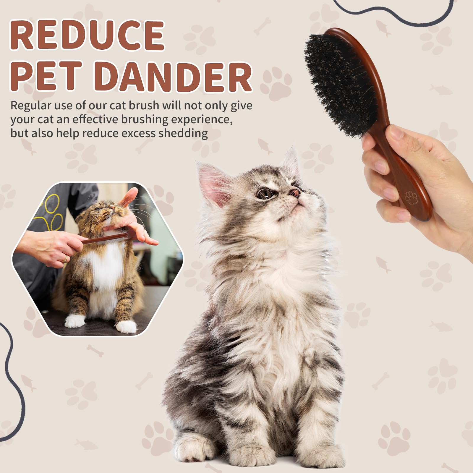 Cepillo y peine de madera para gatos, cepillo de pelo de gato con cerdas de jabalí náutrales para reducir el desprendimiento y mantener el brillo saludable, herramienta diaria de aseo de