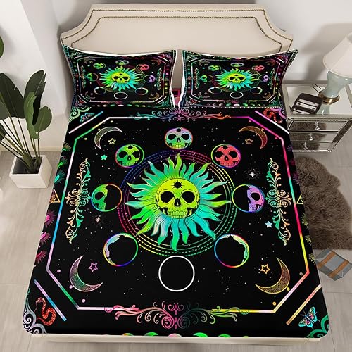 Miniatura 2 de Erosebridal Juego de ropa de cama con diseño bohemio, diseño de luna y estrellas, diseño de calavera gótica, hippie, cosmos, nebulosa, color negro,