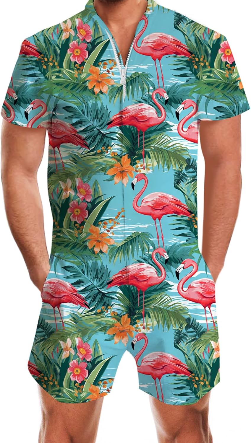 Goodstoworld Male Hawaiian Romper Fashion Zipper Slim Fit Jumpsuit with Pocket S-XXL