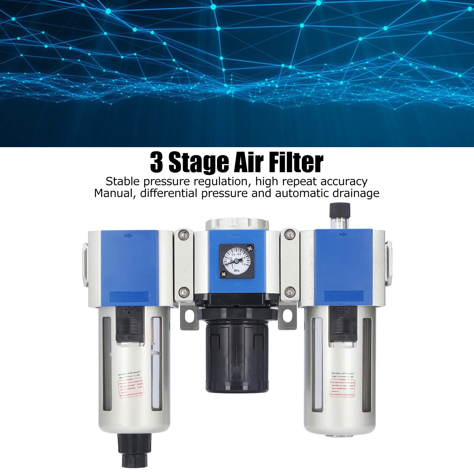 FTVOGUE Combinación de Lubricador Regulador de Filtro de Aire de 3 Etapas con Taza de Aceite de 160CC, Sellado de Espacios de Taza de Agua de 80CC para de Aire Comprimido (GC400-10)