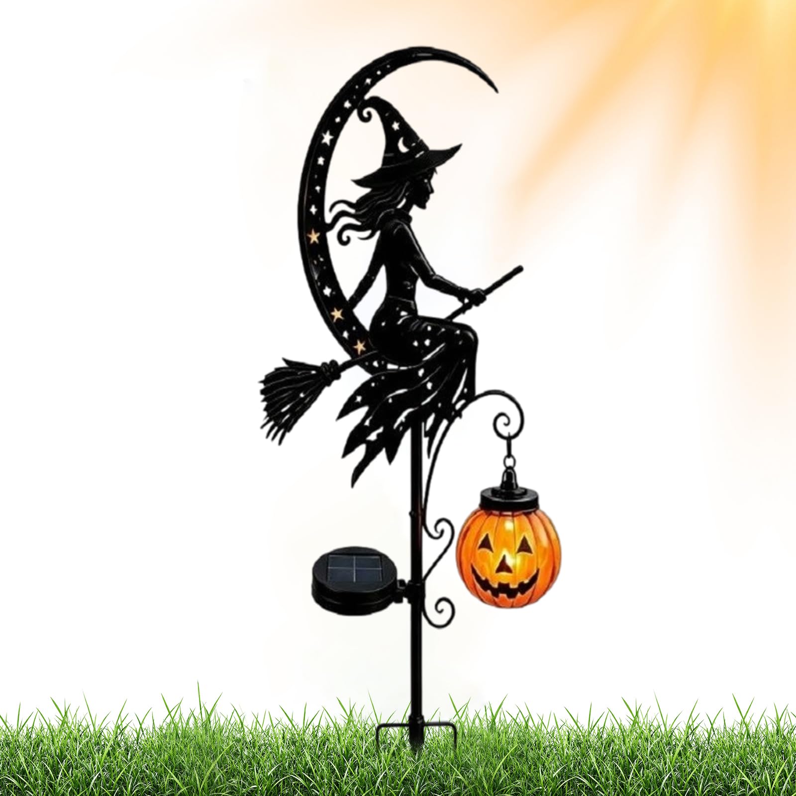 Solar Halloween Witch Garden Stake Light, Pumpkin Moon Ground Stake