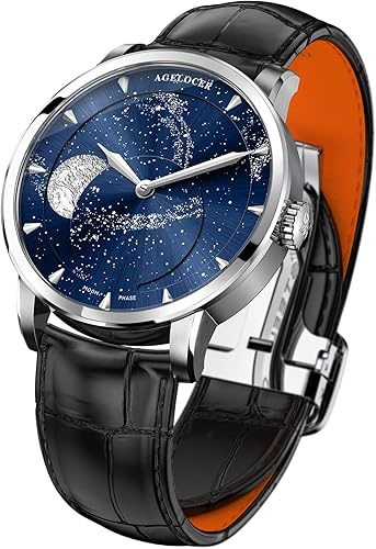 Miniatura 3 de Agelocer Reloj original para hombre con esfera de reloj de fase lunar 3D, reloj mecánico automático de lujo para negocios, citas, casual, viene con