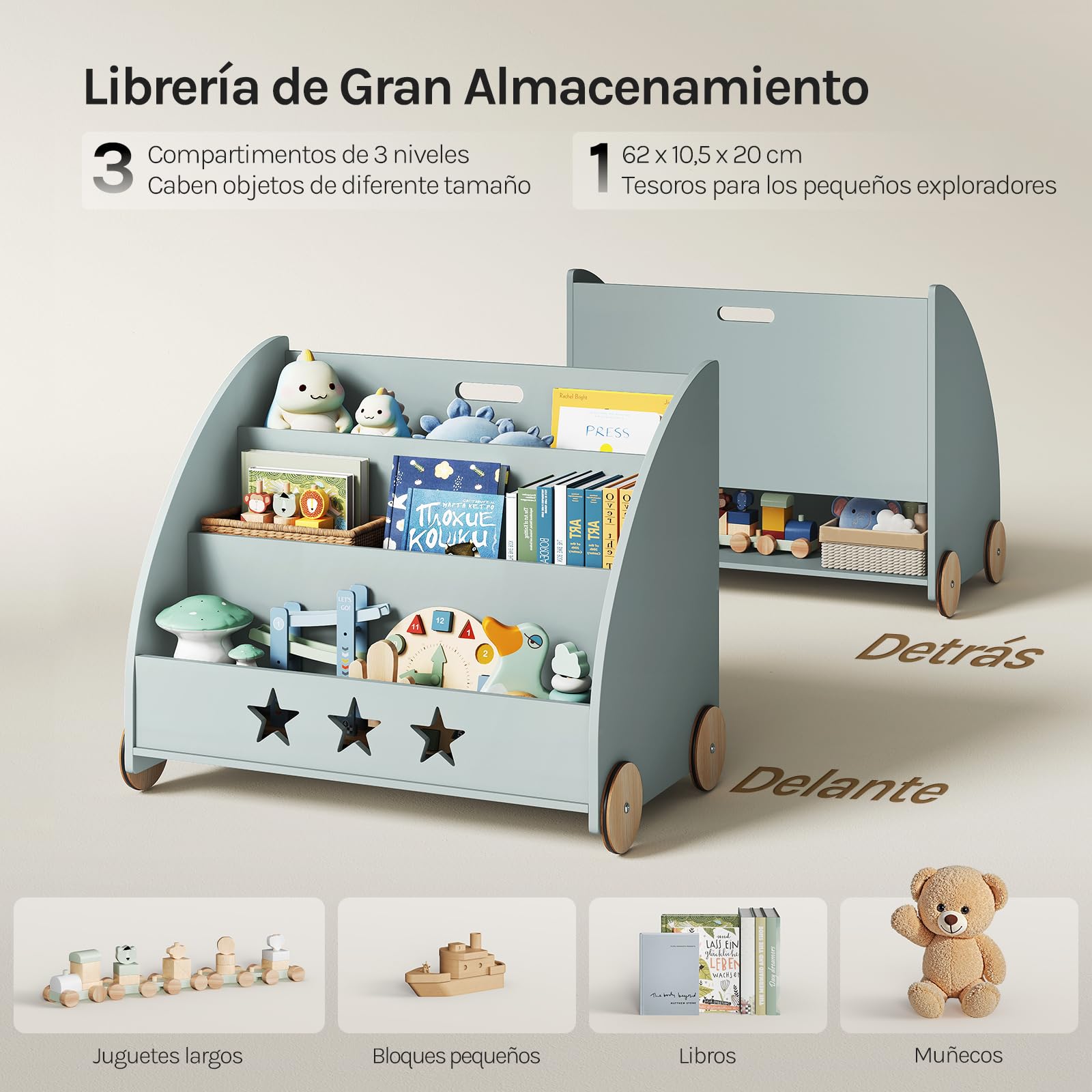 WOLTU Estantería para Niños con 4 Ruedas y 3 Estantes Pequeños, Librero Infantil para Habitación Organizador Multiusos, Estante de Mini Libreria Gris Maderam