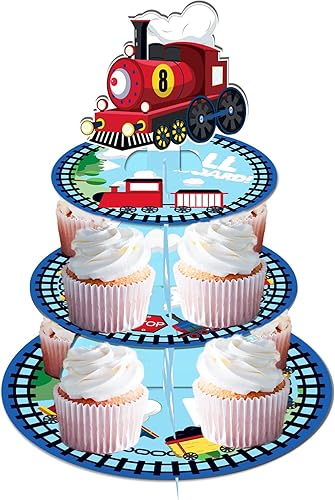 Miniatura 2 de Lide Road Soporte de cartón para cupcakes de tren de 3 niveles, suministros para fiesta de cumpleaños, torre redonda para pastel de postre para baby